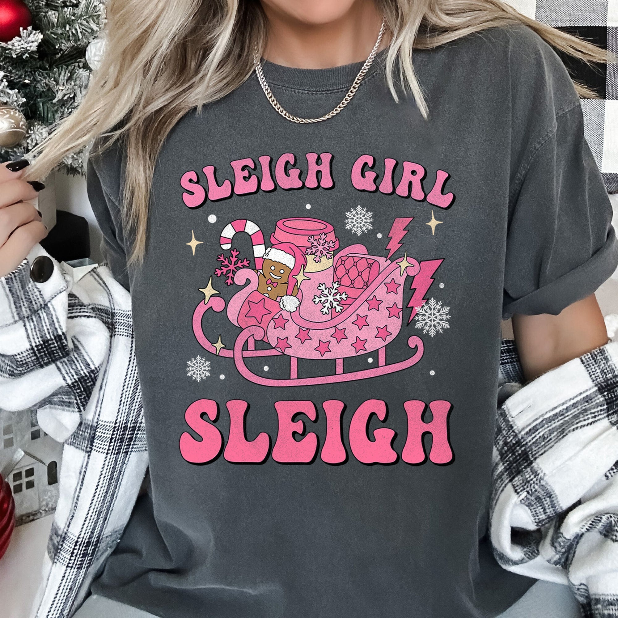 Sleigh Girl Sleigh Christmas Retro Vintage Holiday Cheer Snowfall Night Sky Festive Lights Comfort Colors Tee