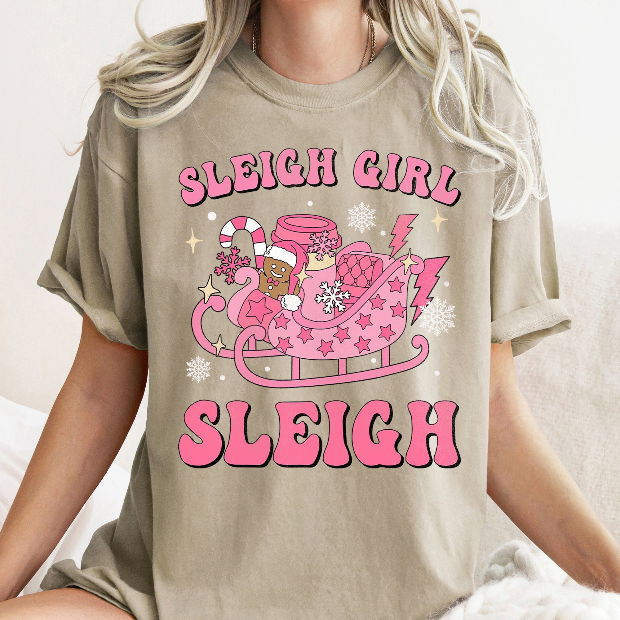 Sleigh Girl Sleigh Christmas Retro Vintage Holiday Cheer Snowfall Night Sky Festive Lights Comfort Colors Tee