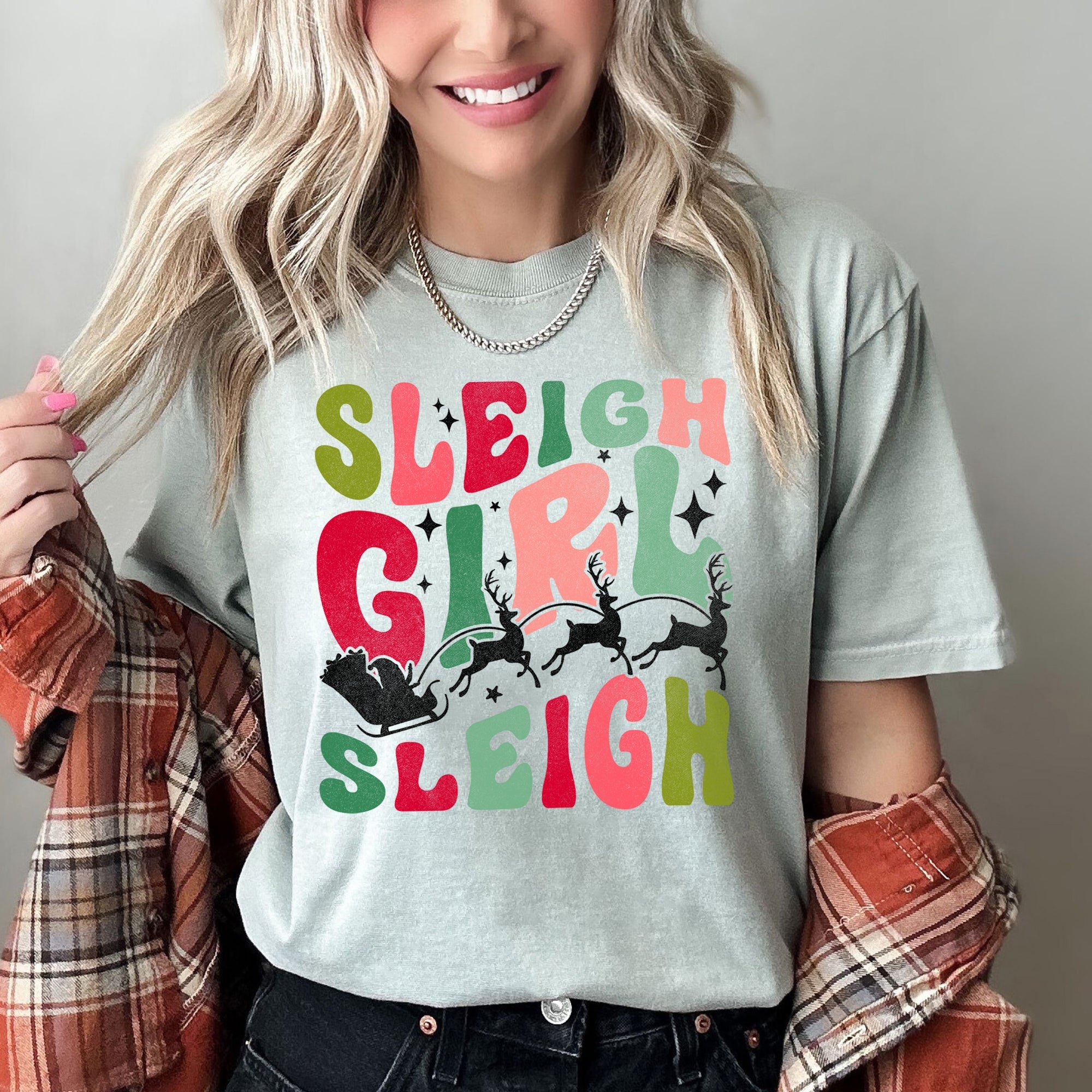 Sleigh Girl Sleigh Christmas Retro Vintage Holiday Cheer Snowfall Night Sky Festive Lights Comfort Colors Tee