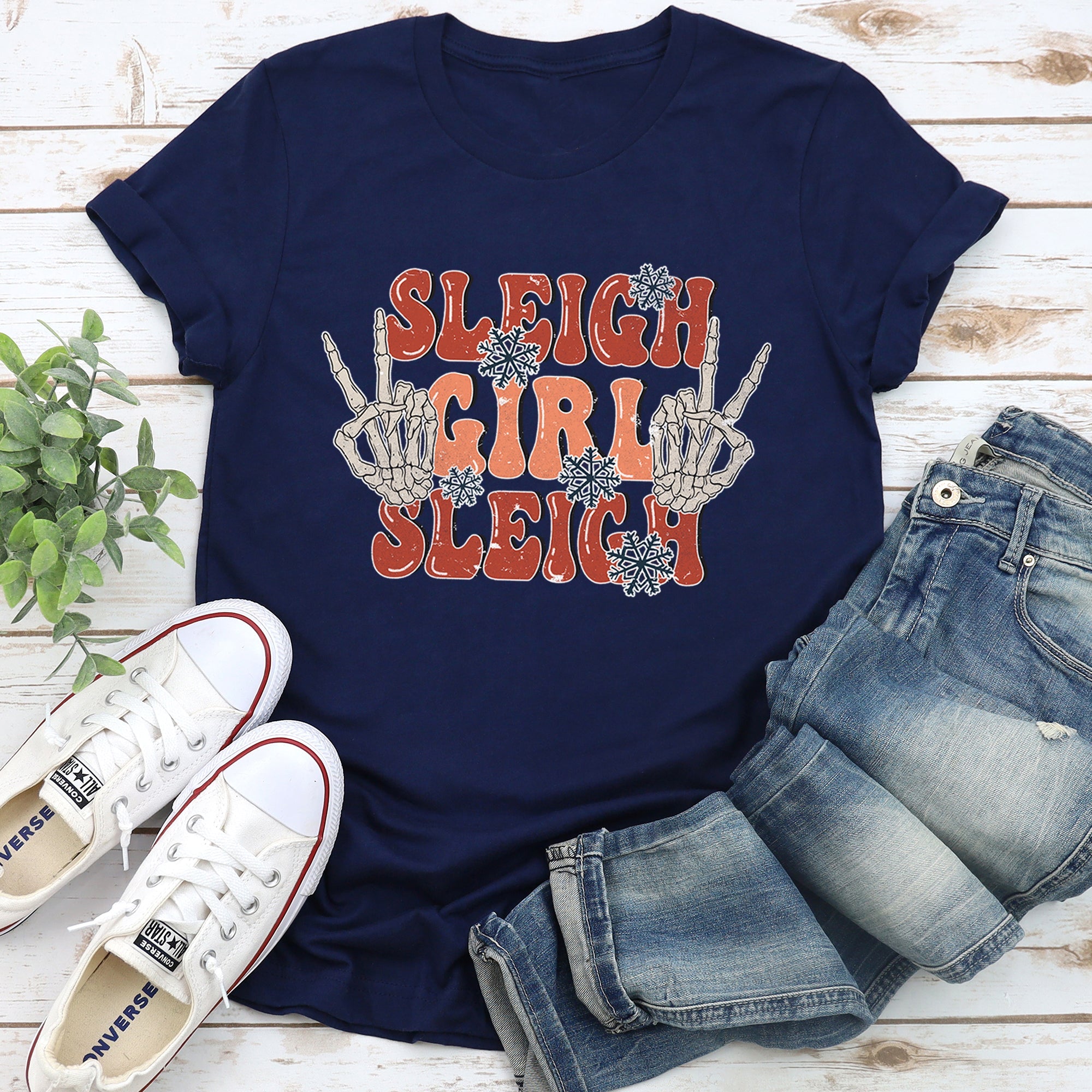 Sleigh Girl Sleigh Skeleton Christmas Retro Festive Vintage Inspired Graphic Tee