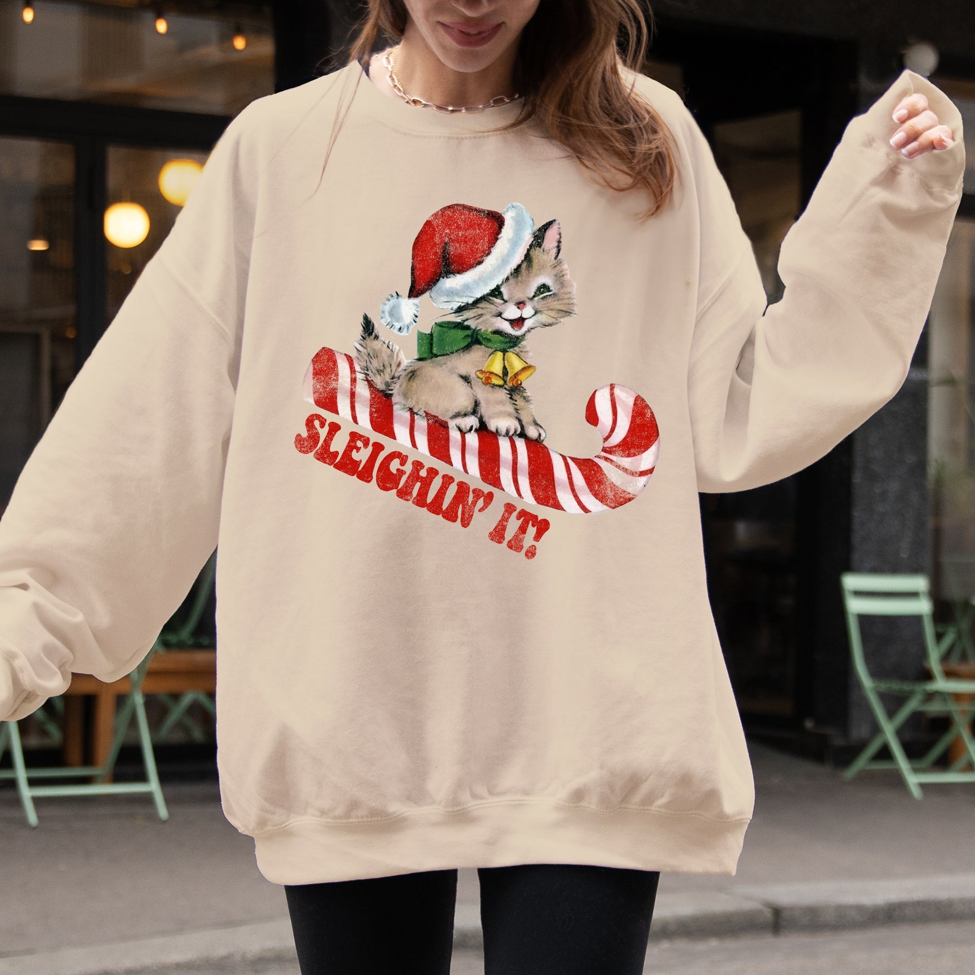 Sleighing It Cute Kitty Christmas Santa Xmas Winter Fun Cozy Fleece Warm Sweatshirt