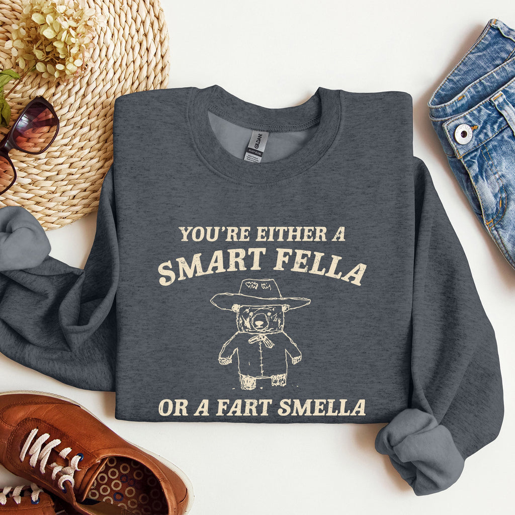 Smart Fella Fart Smeller Funny Bear Cartoon Character Whimsical Playful Bold Sweatshirt