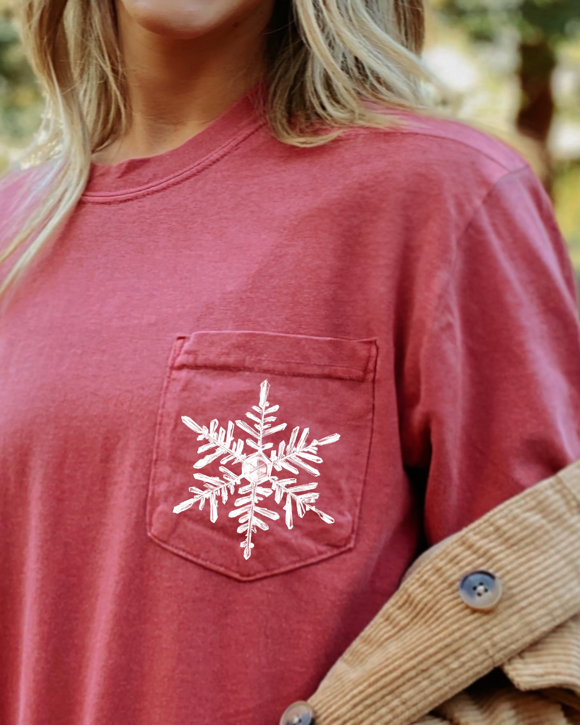 Snowflake Pocket Christmas Santa Snow Xmas Holiday Vintage Print Comfort Colors Tee