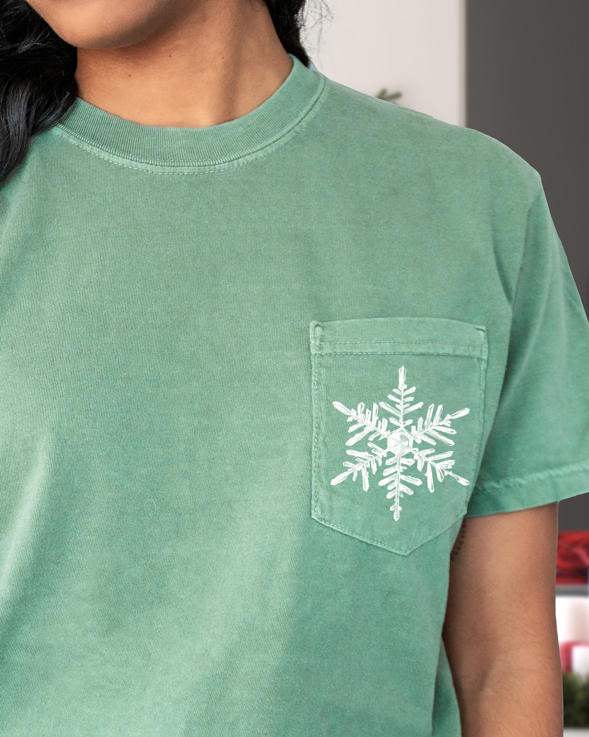 Snowflake Pocket Christmas Santa Snow Xmas Holiday Vintage Print Comfort Colors Tee
