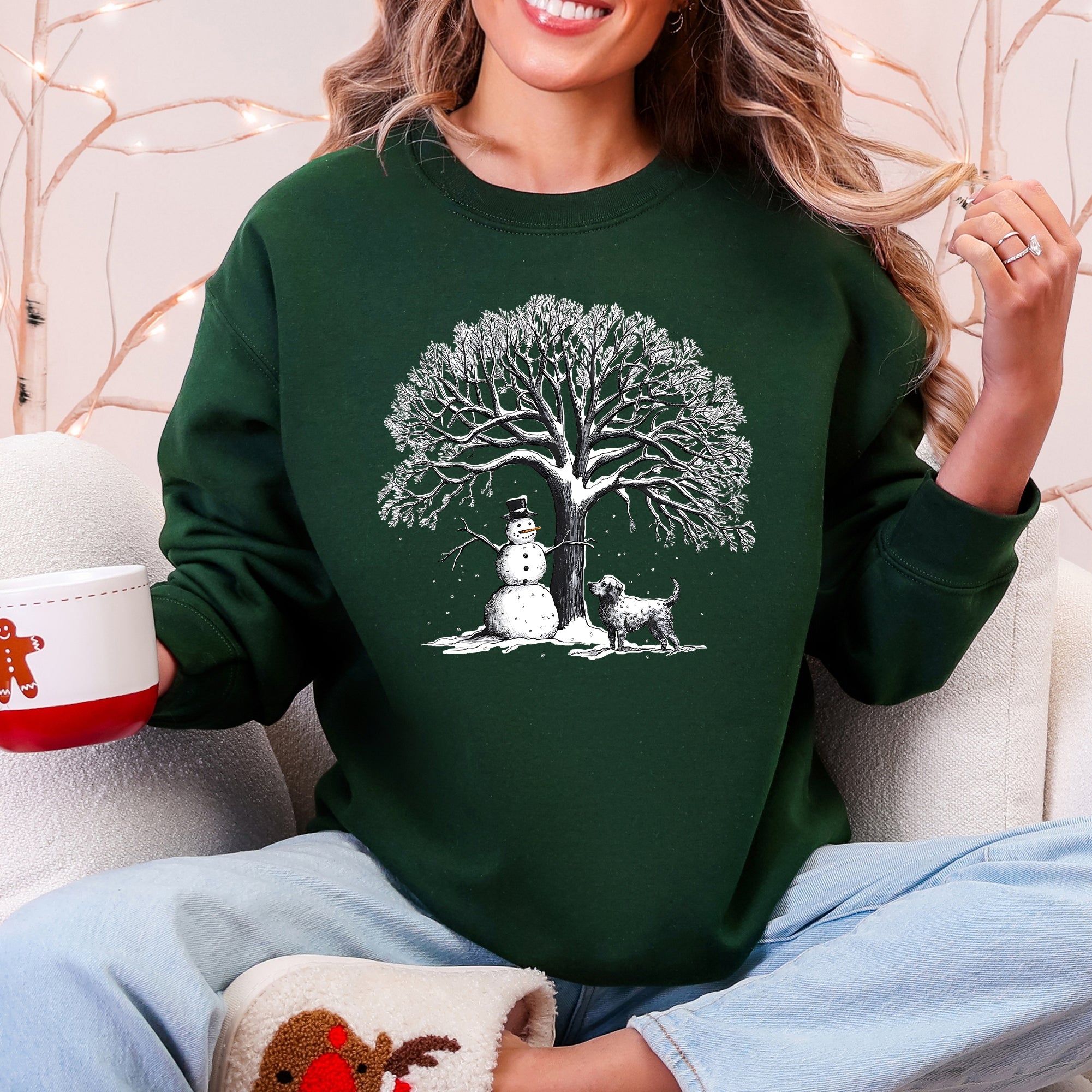 Snowman Dog Christmas Holiday Scene Retro Snowflake Pet Portrait Graphic Sweatshirt