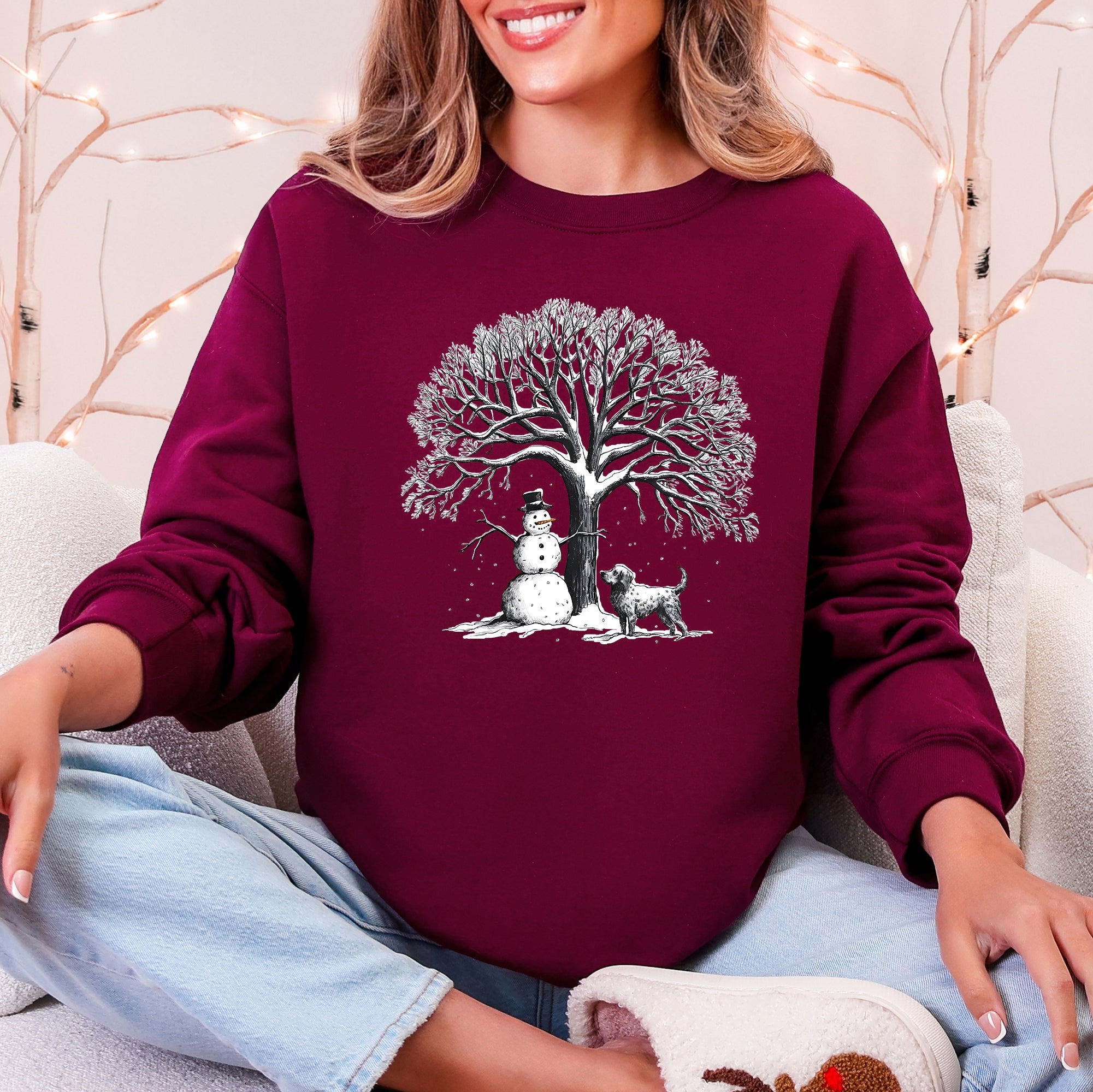 Snowman Dog Christmas Holiday Scene Retro Snowflake Pet Portrait Graphic Sweatshirt