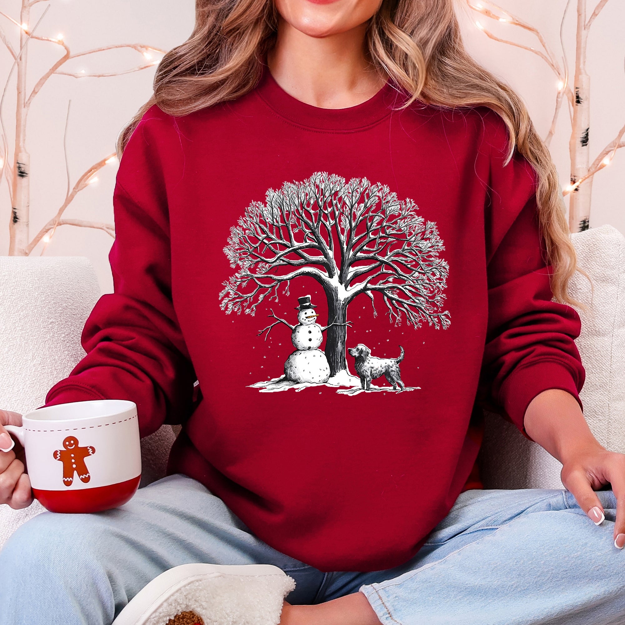 Snowman Dog Christmas Holiday Scene Retro Snowflake Pet Portrait Graphic Sweatshirt