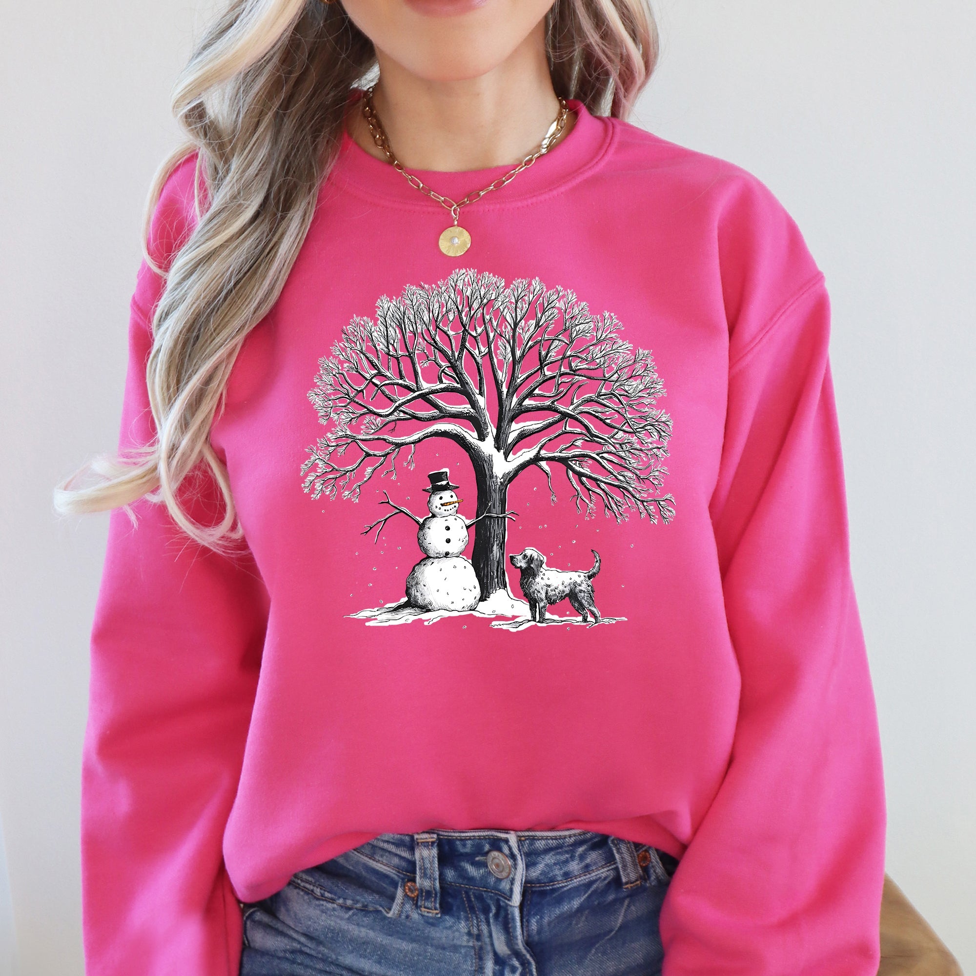 Snowman Dog Christmas Holiday Scene Retro Snowflake Pet Portrait Graphic Sweatshirt
