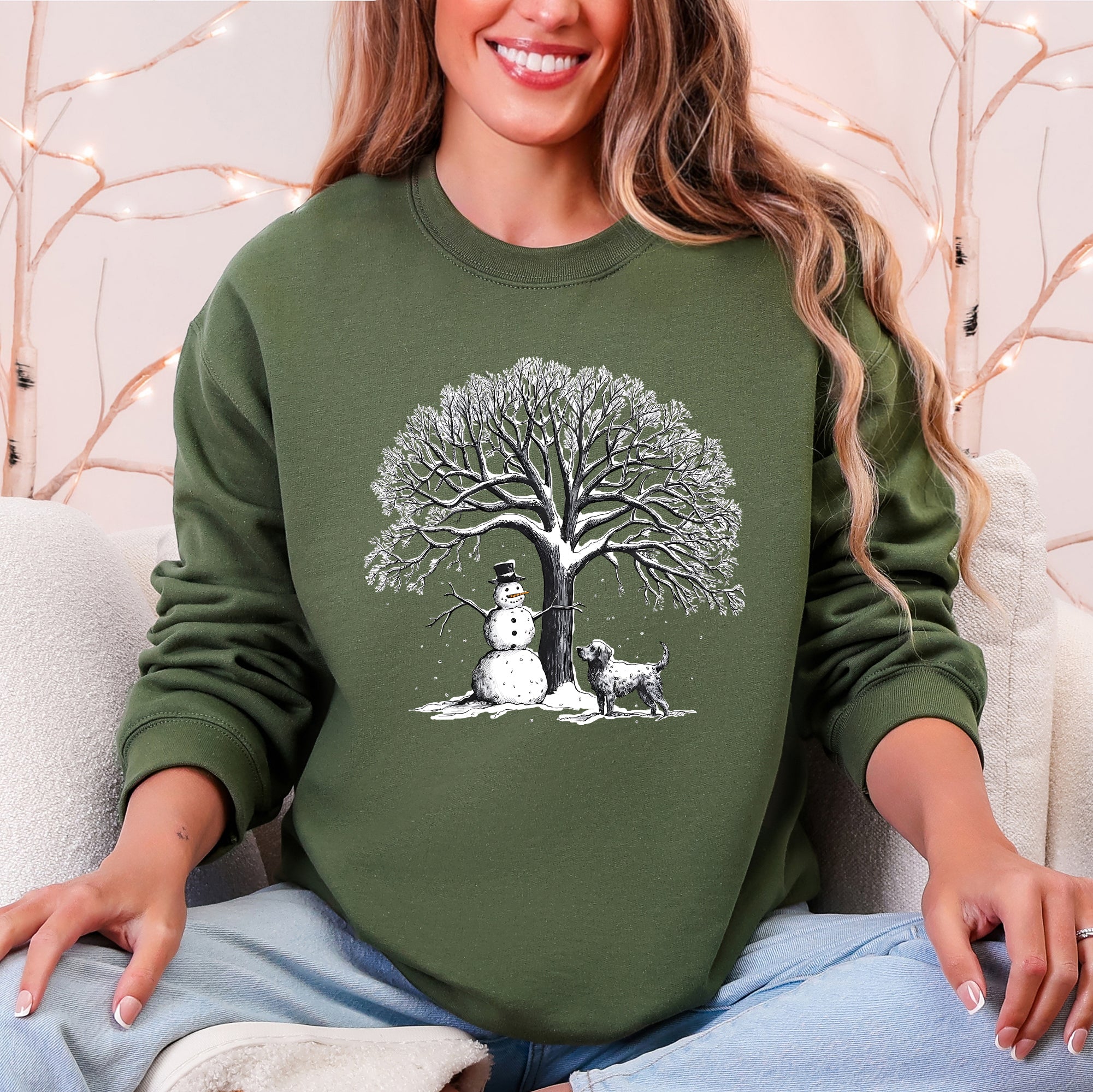 Snowman Dog Christmas Holiday Scene Retro Snowflake Pet Portrait Graphic Sweatshirt