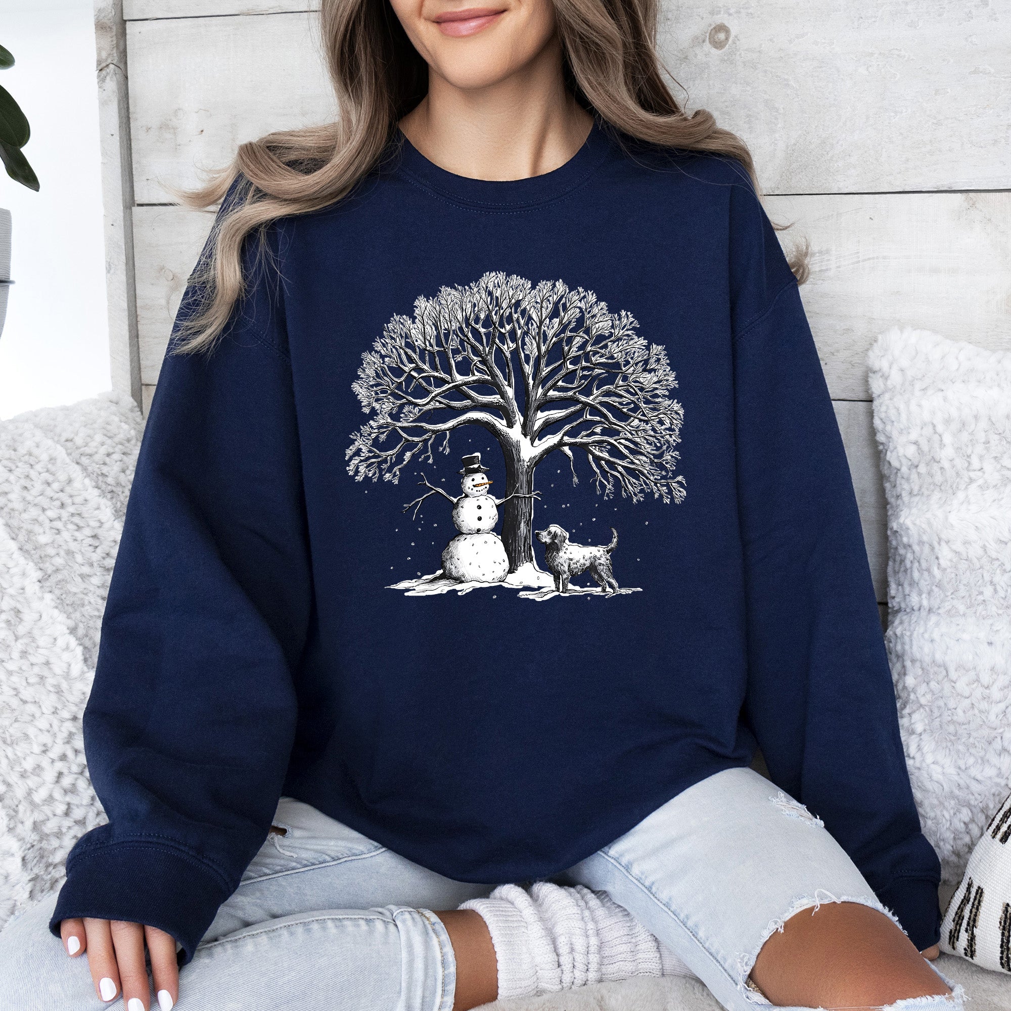 Snowman Dog Christmas Holiday Scene Retro Snowflake Pet Portrait Graphic Sweatshirt