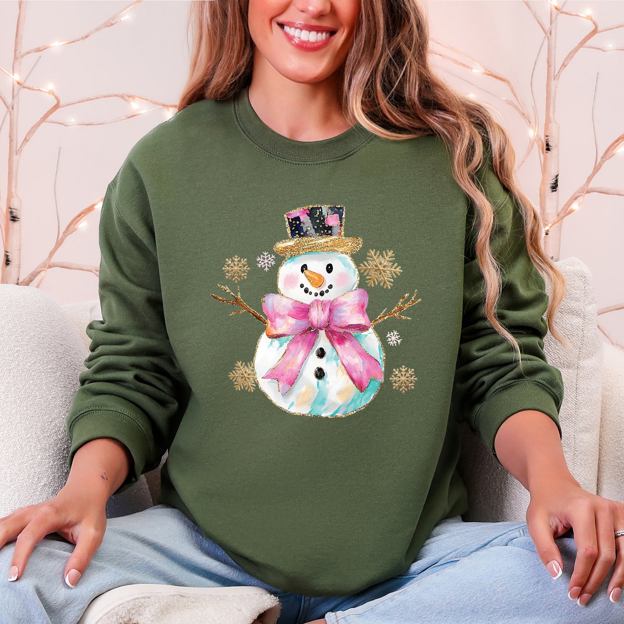 Snowman Christmas Snow Bow Ribbon Festive Holiday Print With Cheery Ribbon Accents Sweatshirt
