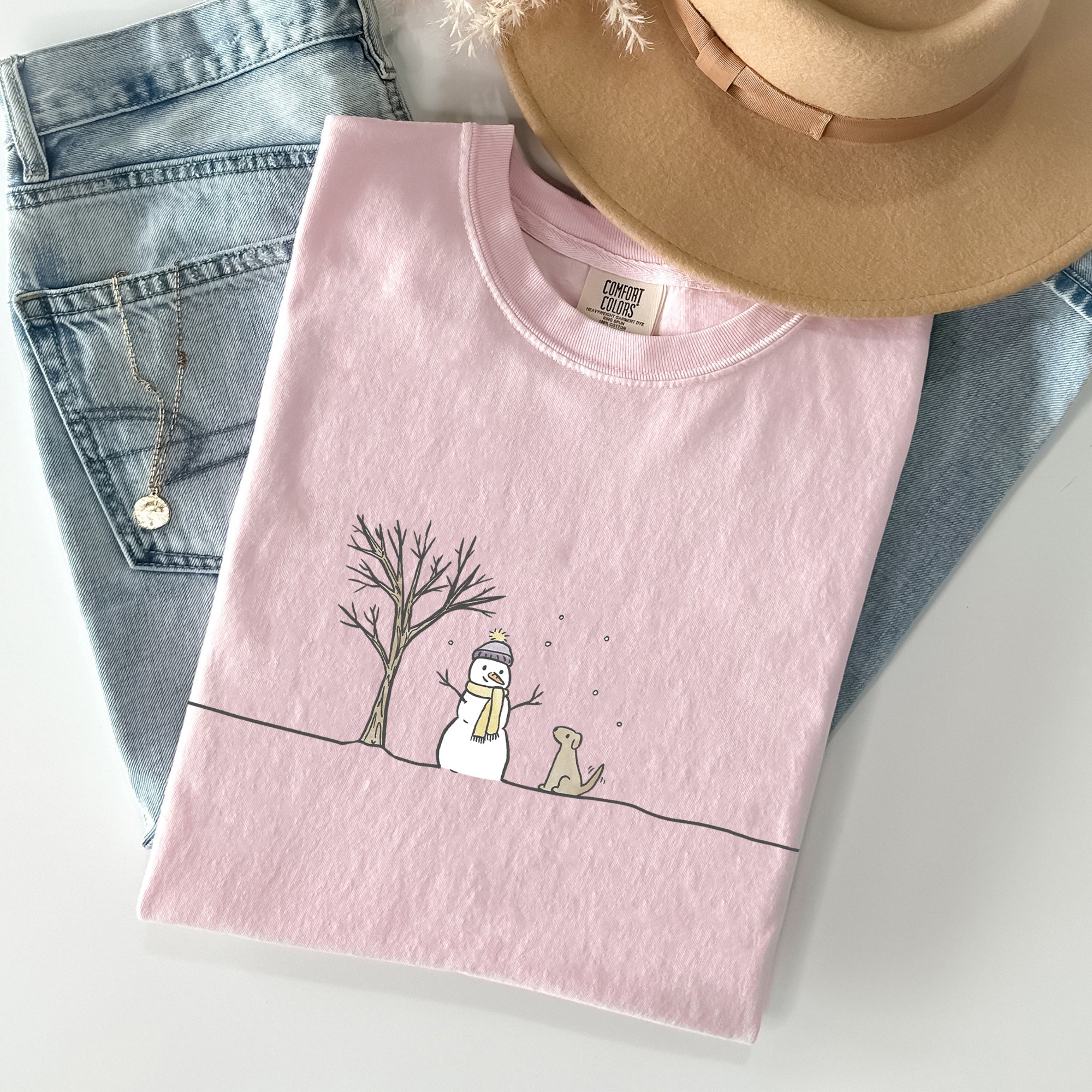 Snowman And Dog Christmas Santa Xmas Winter Snow Scene Vintage Comfort Colors Tee