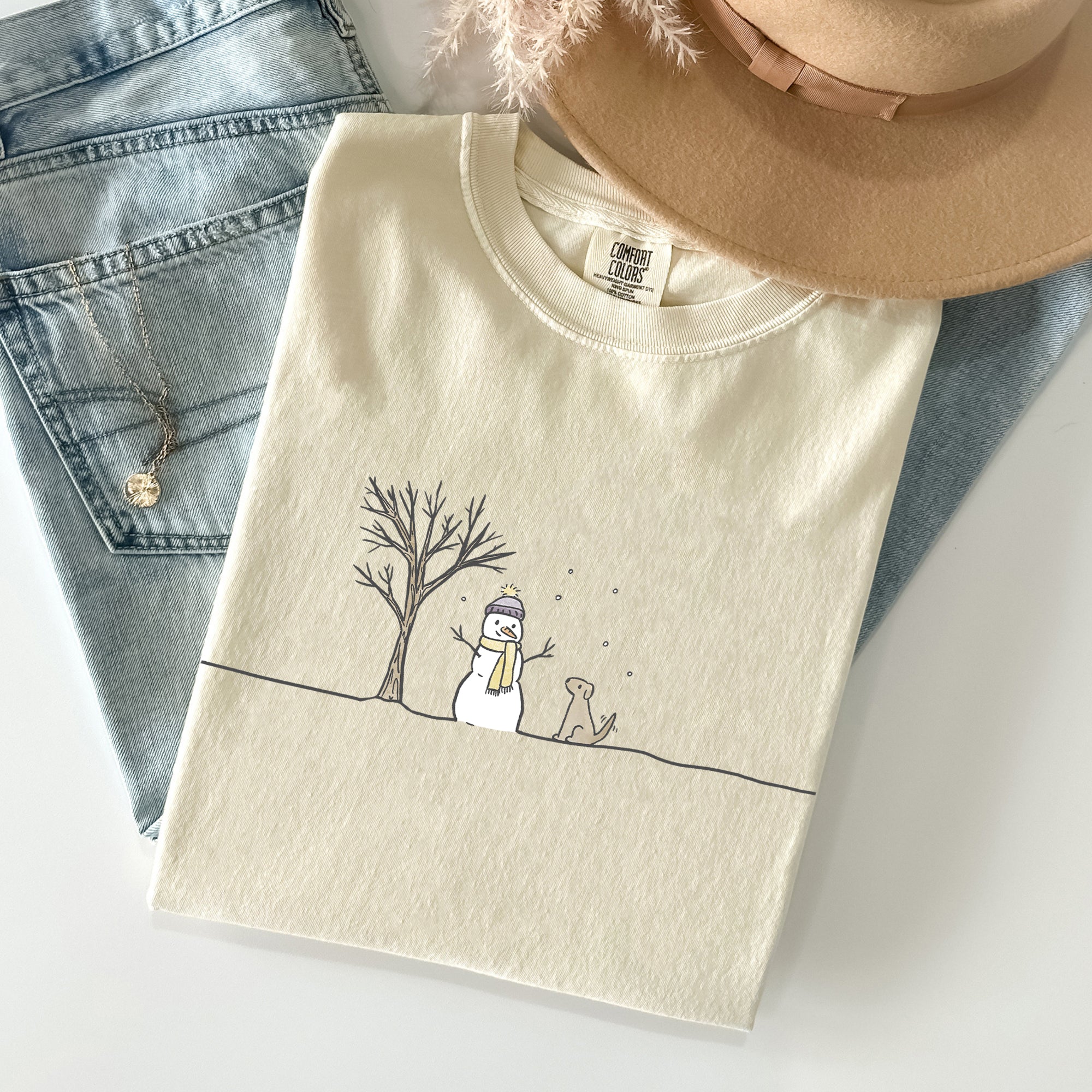 Snowman And Dog Christmas Santa Xmas Winter Snow Scene Vintage Comfort Colors Tee