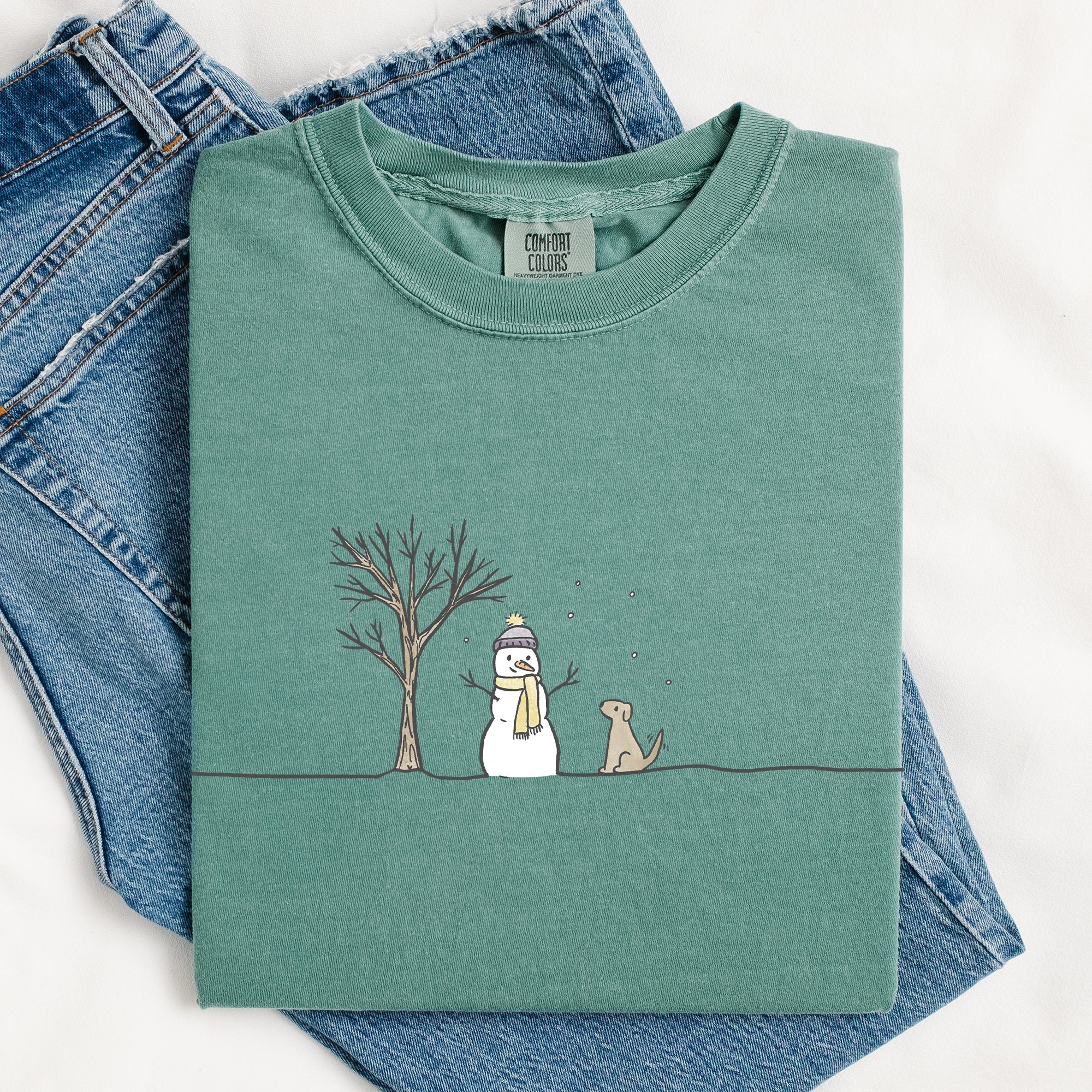 Snowman And Dog Christmas Santa Xmas Winter Snow Scene Vintage Comfort Colors Tee