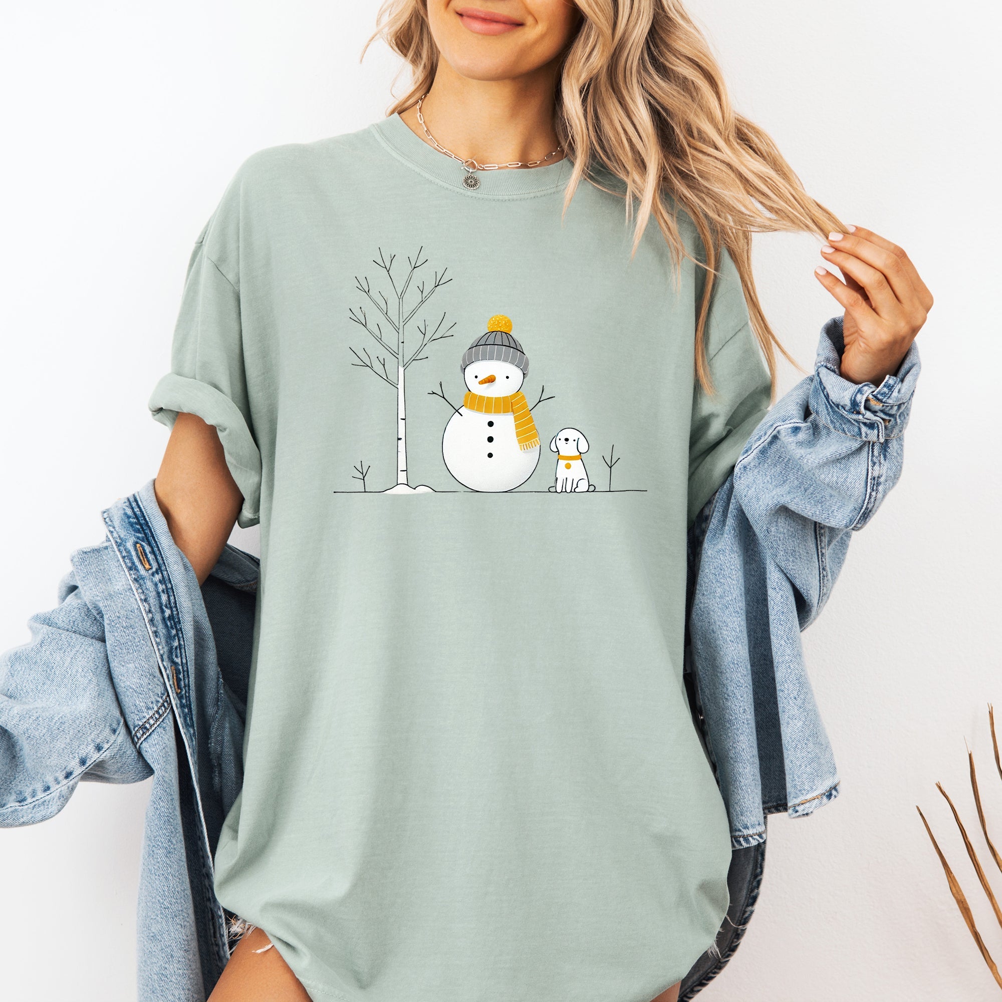 Snowman and Dog Winter Scene with Christmas Tree Vintage Inspired Comfort Colors Tee