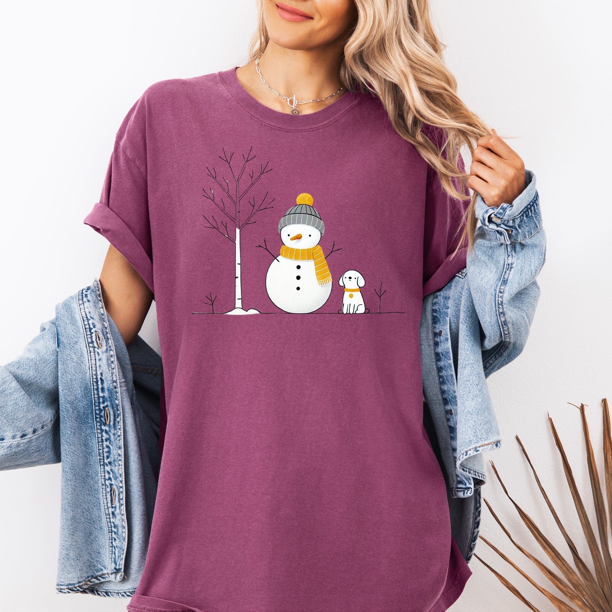 Snowman and Dog Winter Scene with Christmas Tree Vintage Inspired Comfort Colors Tee