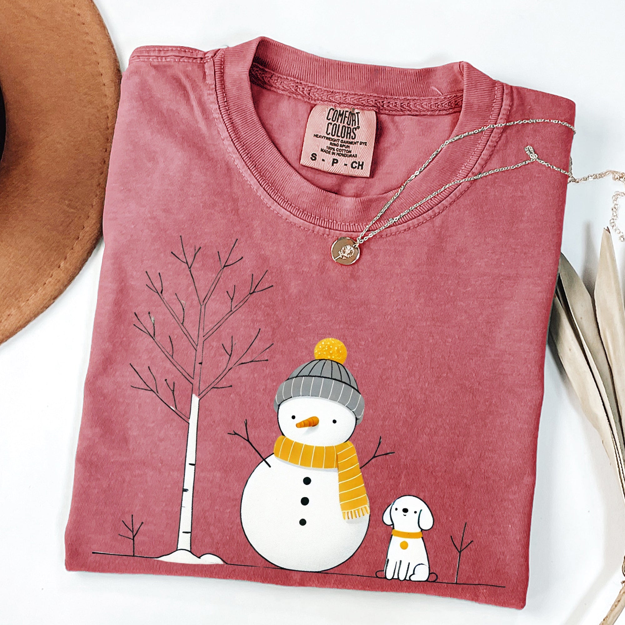 Snowman and Dog Winter Scene with Christmas Tree Vintage Inspired Comfort Colors Tee