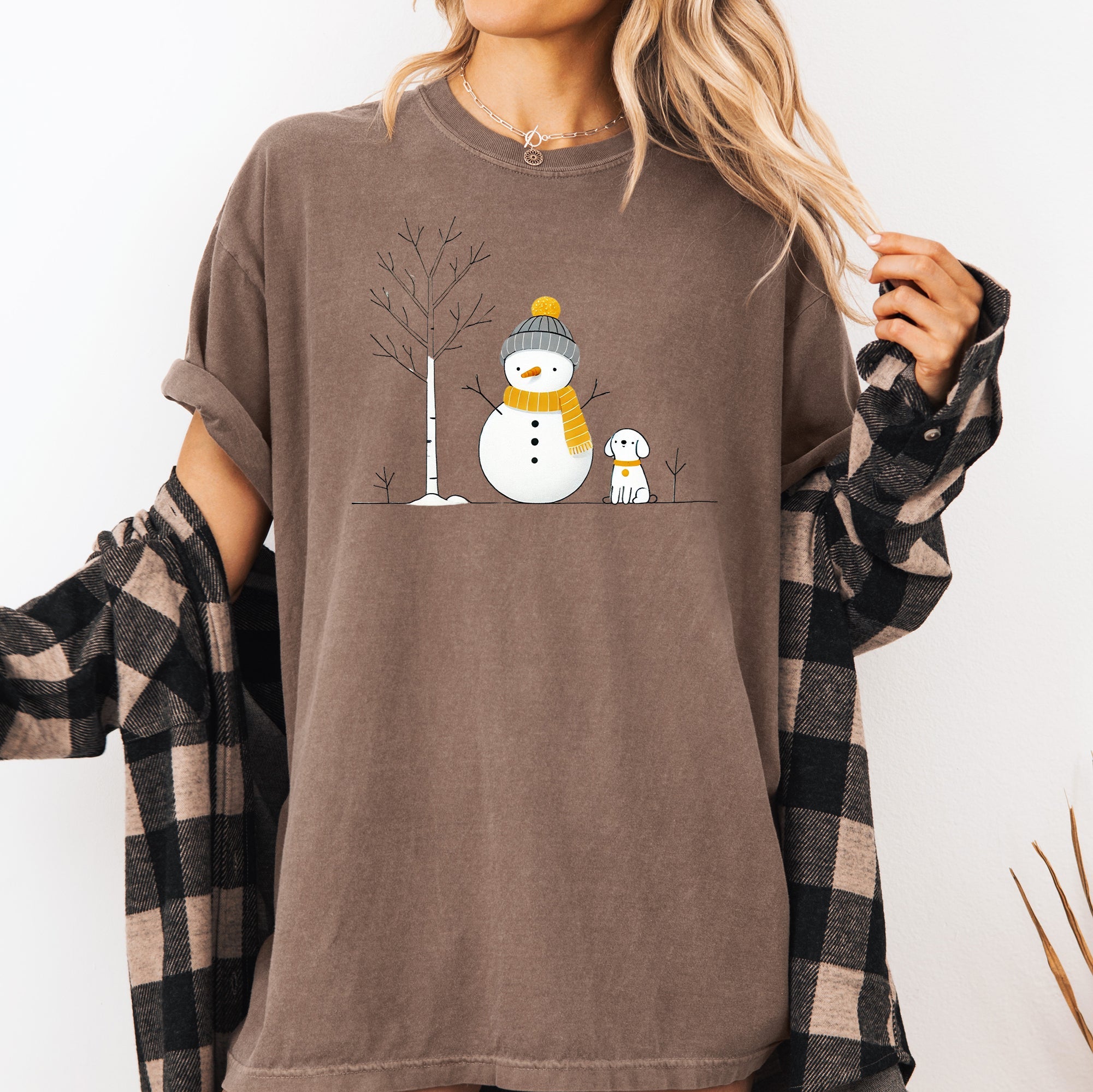 Snowman and Dog Winter Scene with Christmas Tree Vintage Inspired Comfort Colors Tee