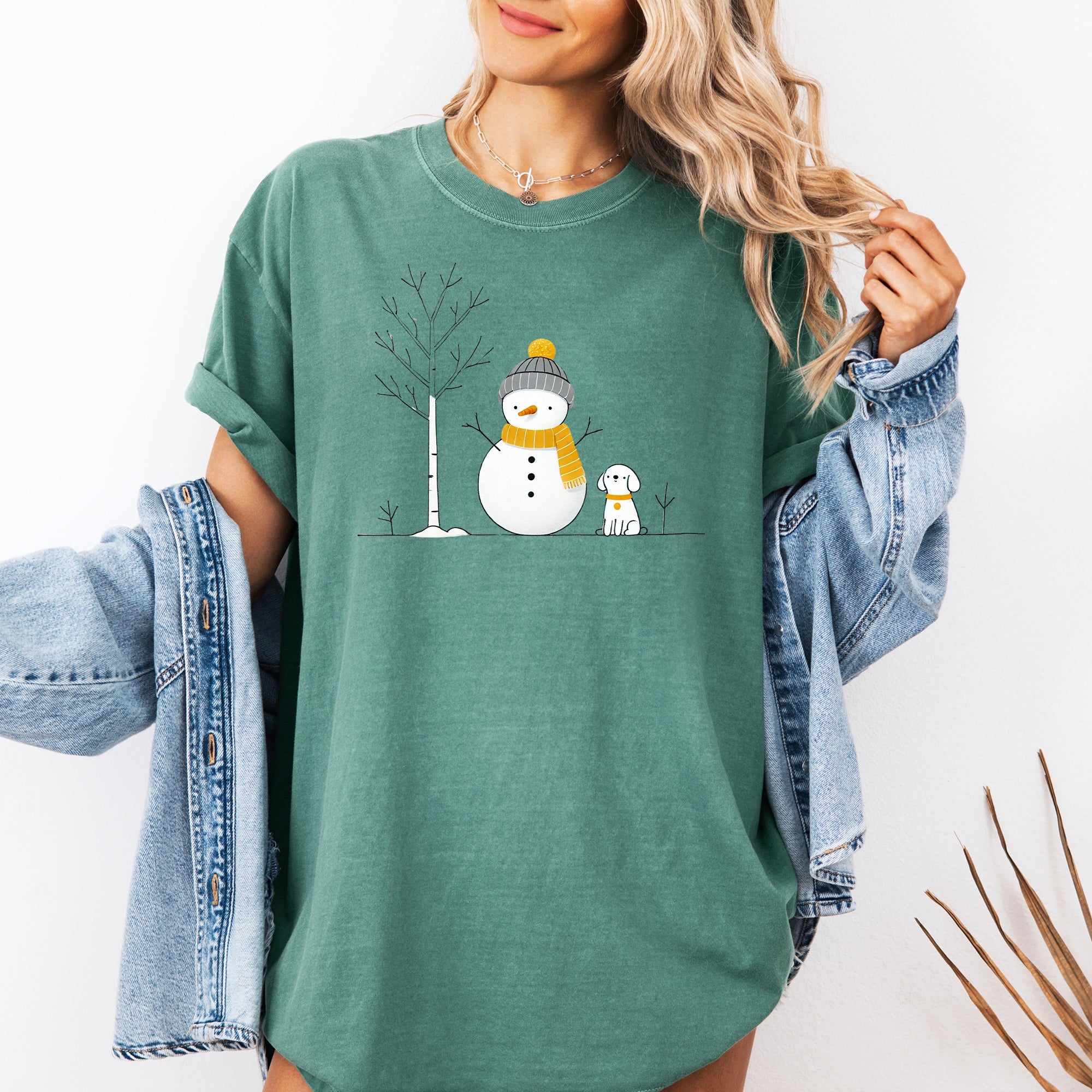 Snowman and Dog Winter Scene with Christmas Tree Vintage Inspired Comfort Colors Tee