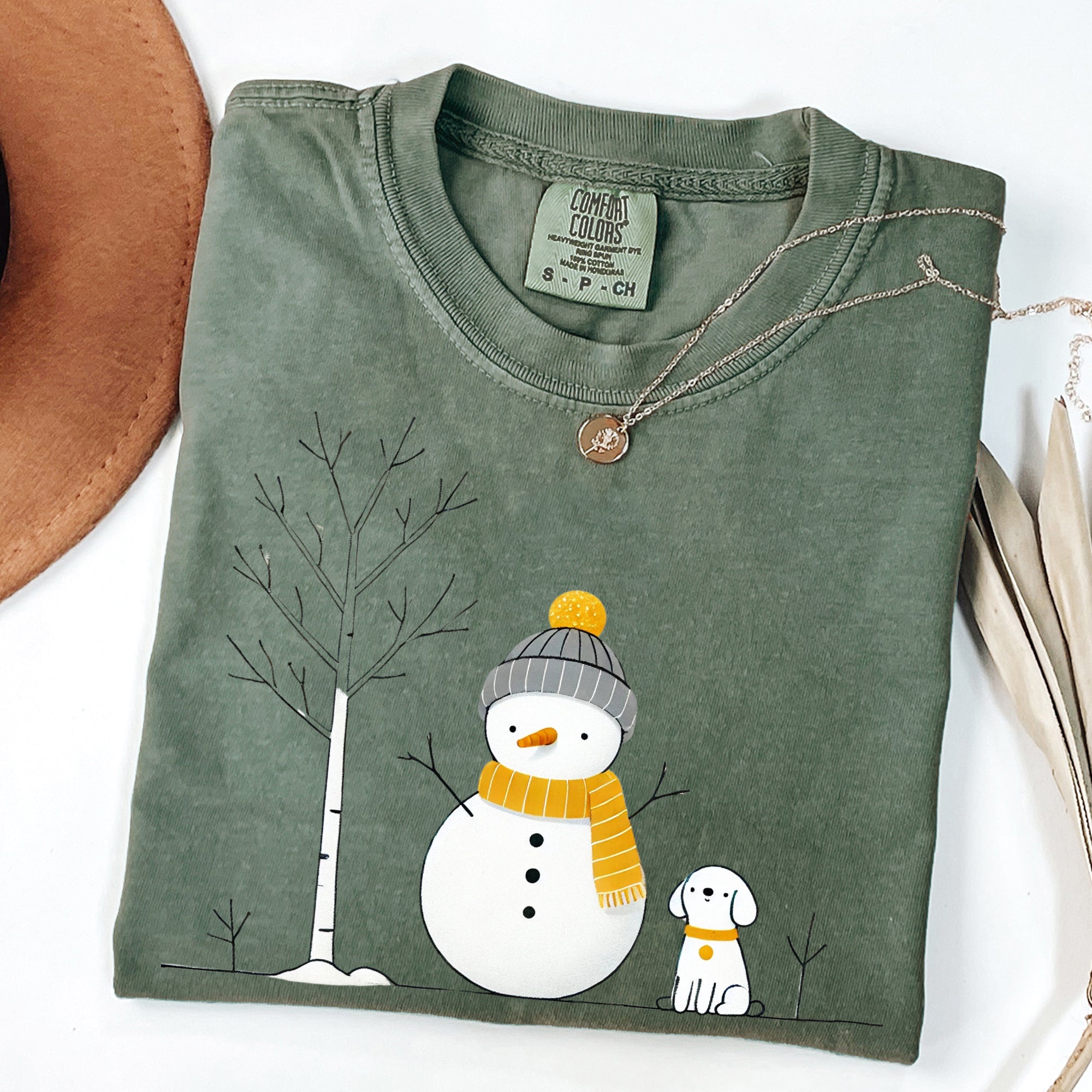 Snowman and Dog Winter Scene with Christmas Tree Vintage Inspired Comfort Colors Tee