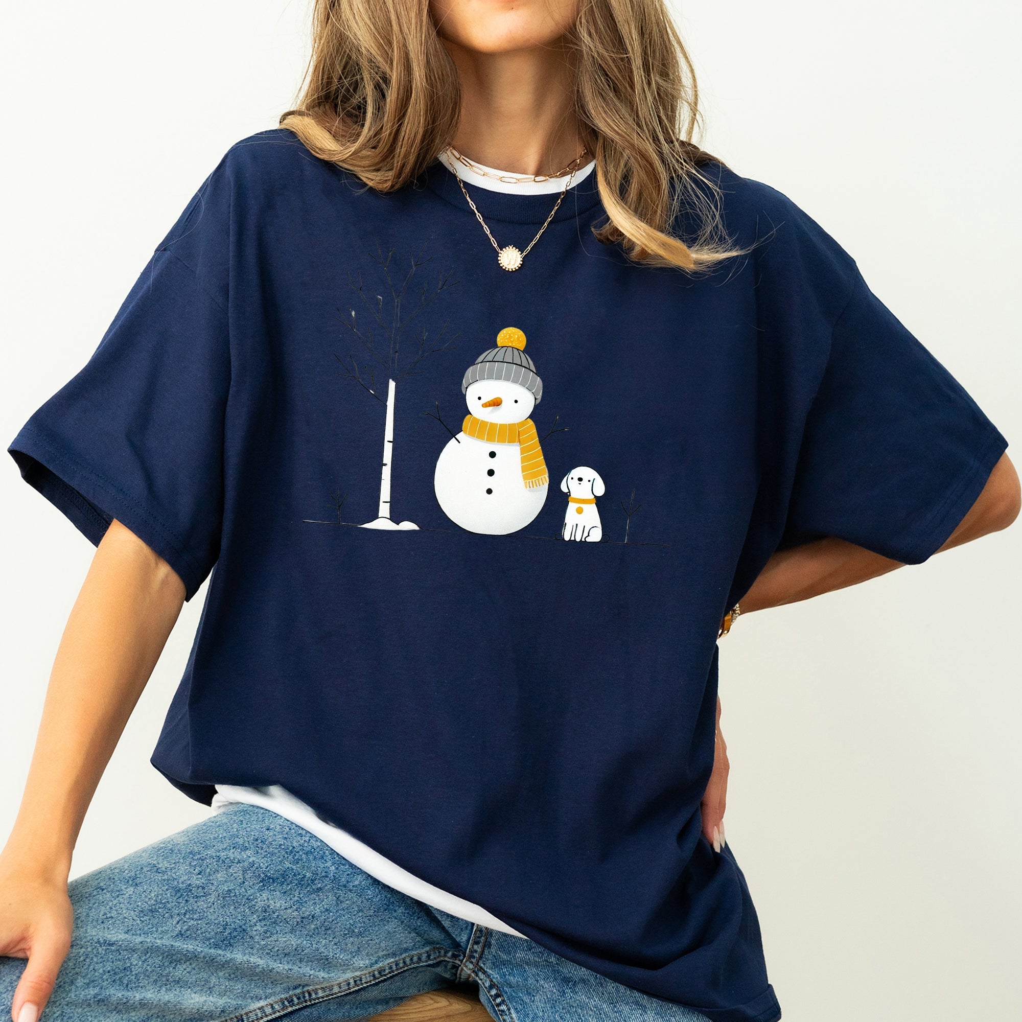 Snowman and Dog Winter Scene with Christmas Tree Vintage Inspired Comfort Colors Tee