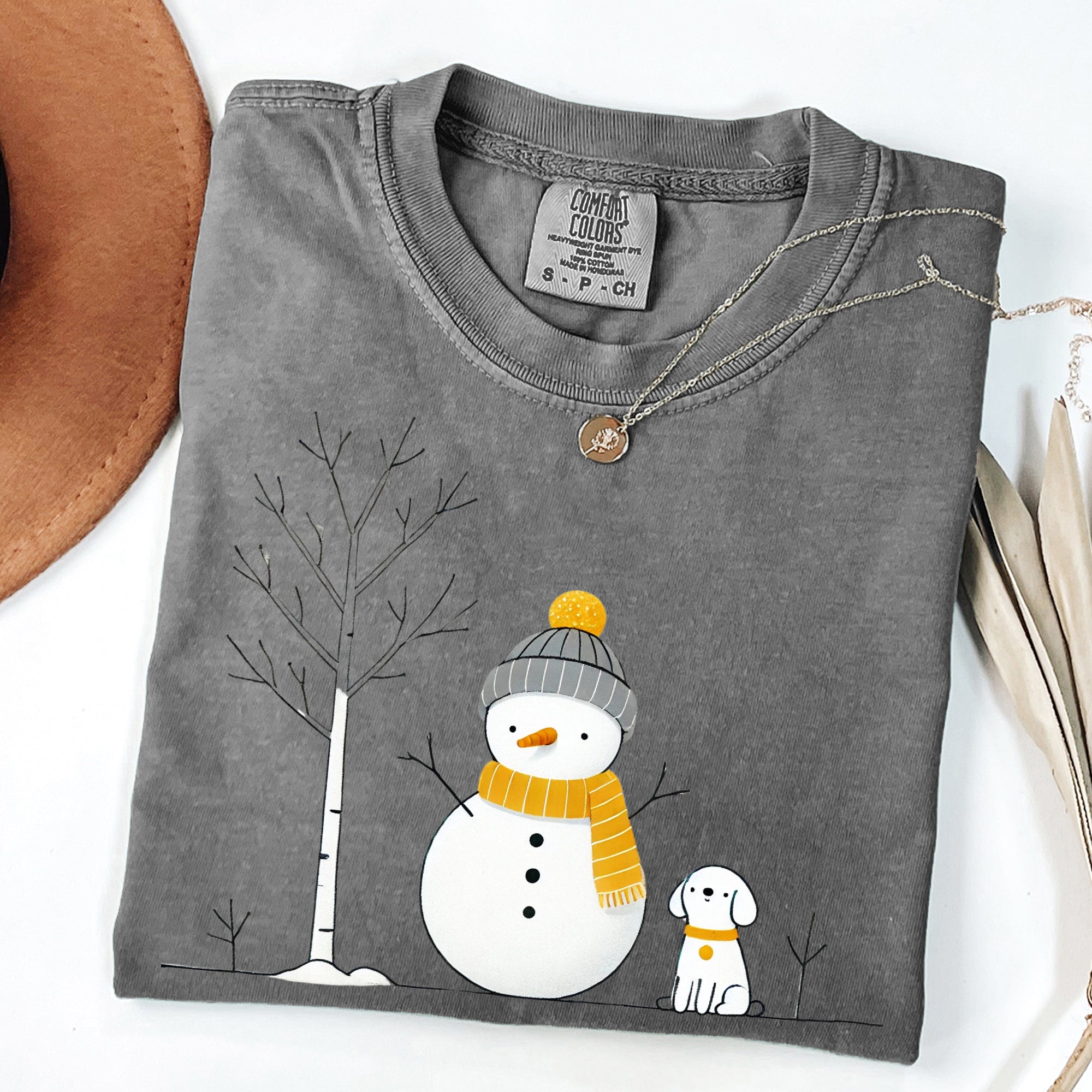 Snowman and Dog Winter Scene with Christmas Tree Vintage Inspired Comfort Colors Tee