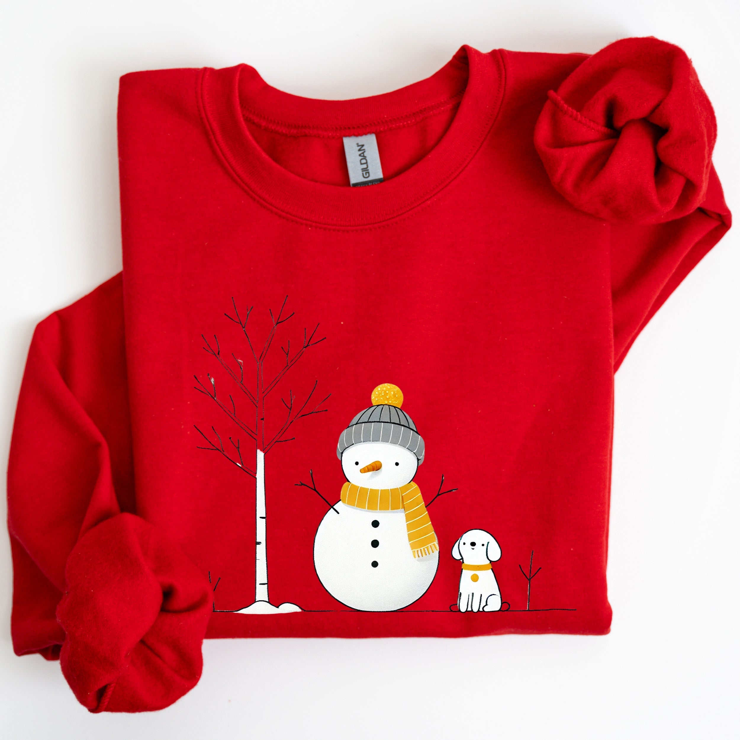 Snowman And Dog Winter Scene With Christmas Tree And Snowflake Accents Graphic Sweatshirt