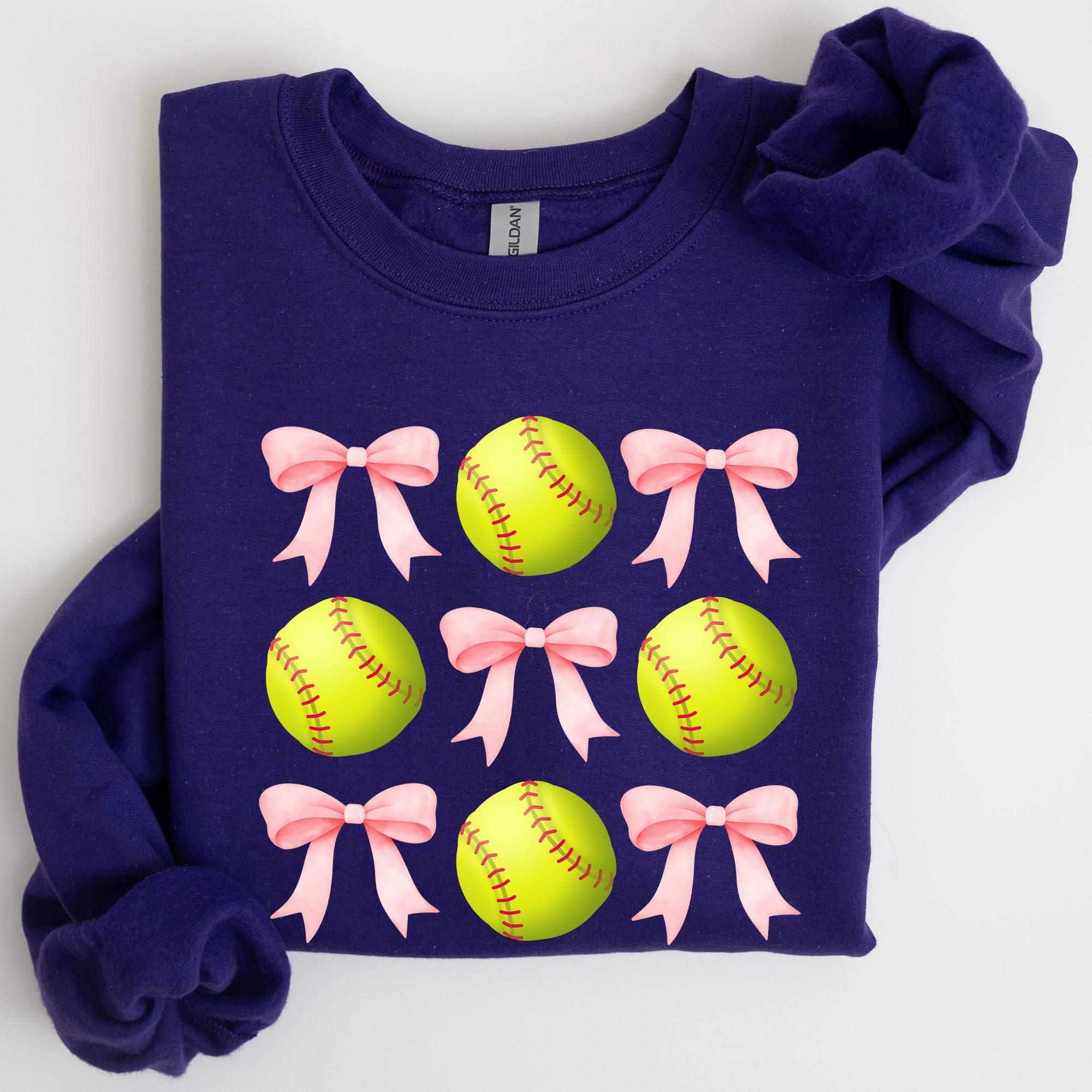 Softball Pink Bows Sports Coquette Vintage Inspired Soft Touch Cozy Fleece Sweatshirt