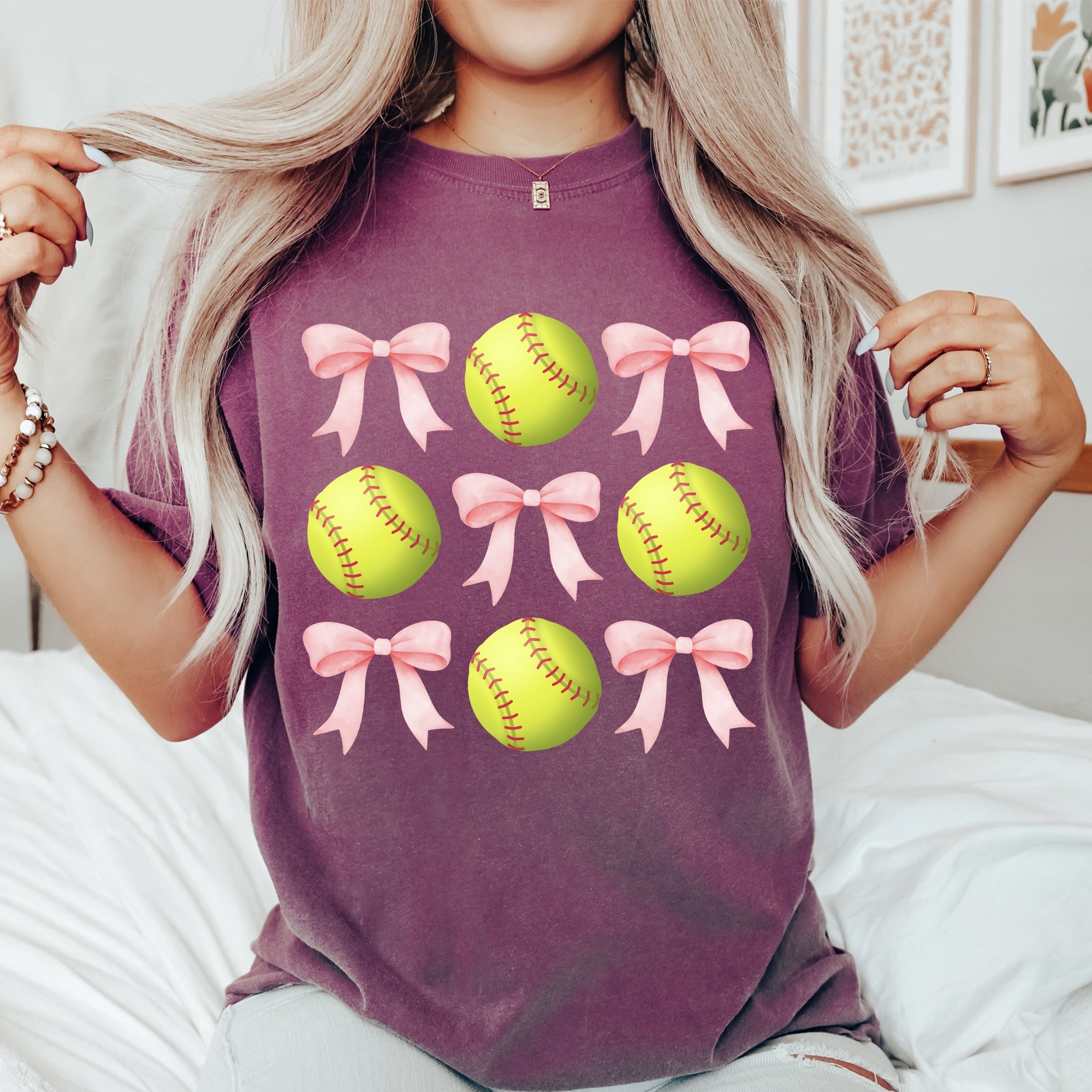 Softball Pink Bows Sports Coquette Mother's Day Vintage Graphic Comfort Colors Tee