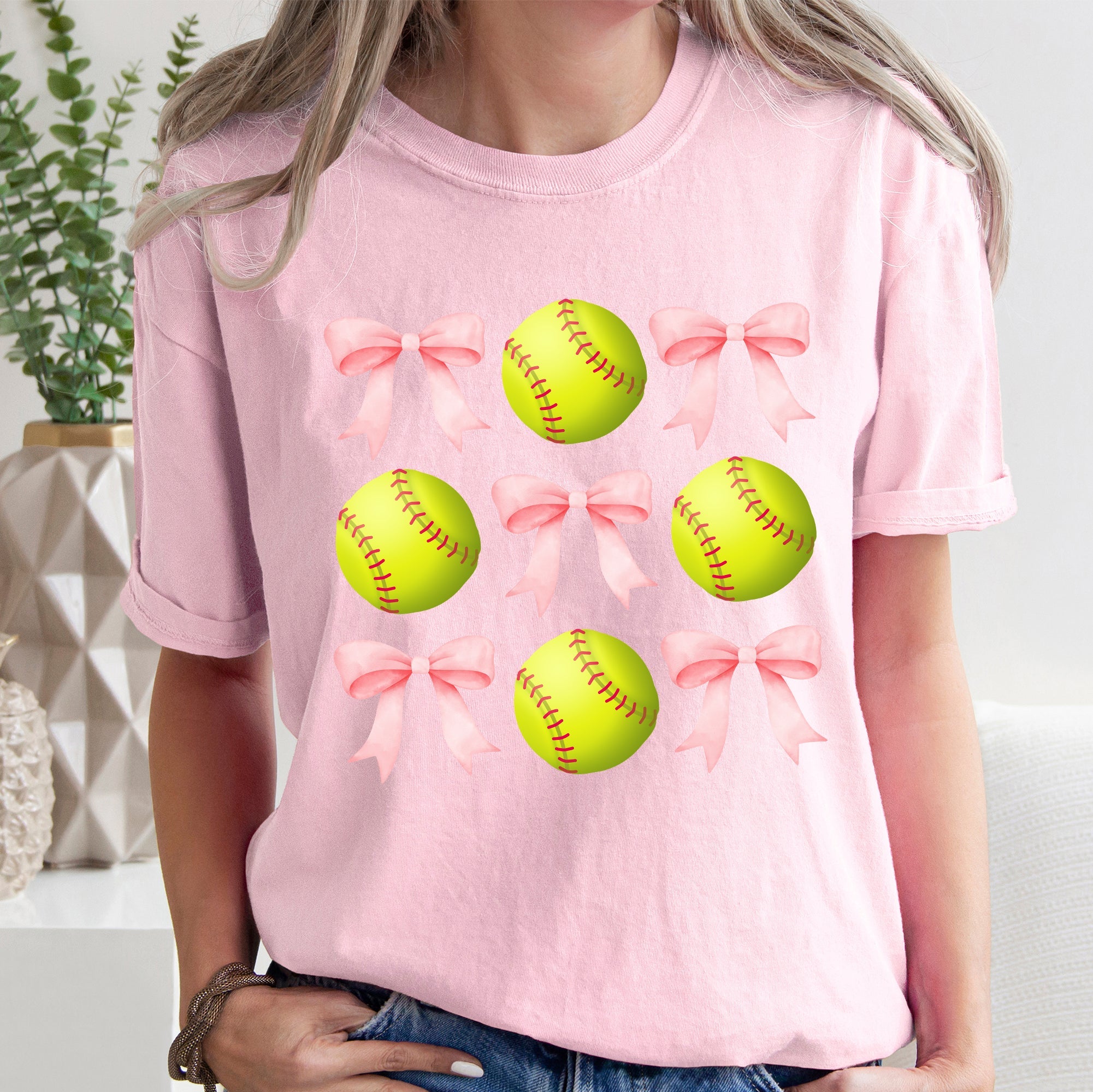 Softball Pink Bows Sports Coquette Mother's Day Vintage Graphic Comfort Colors Tee