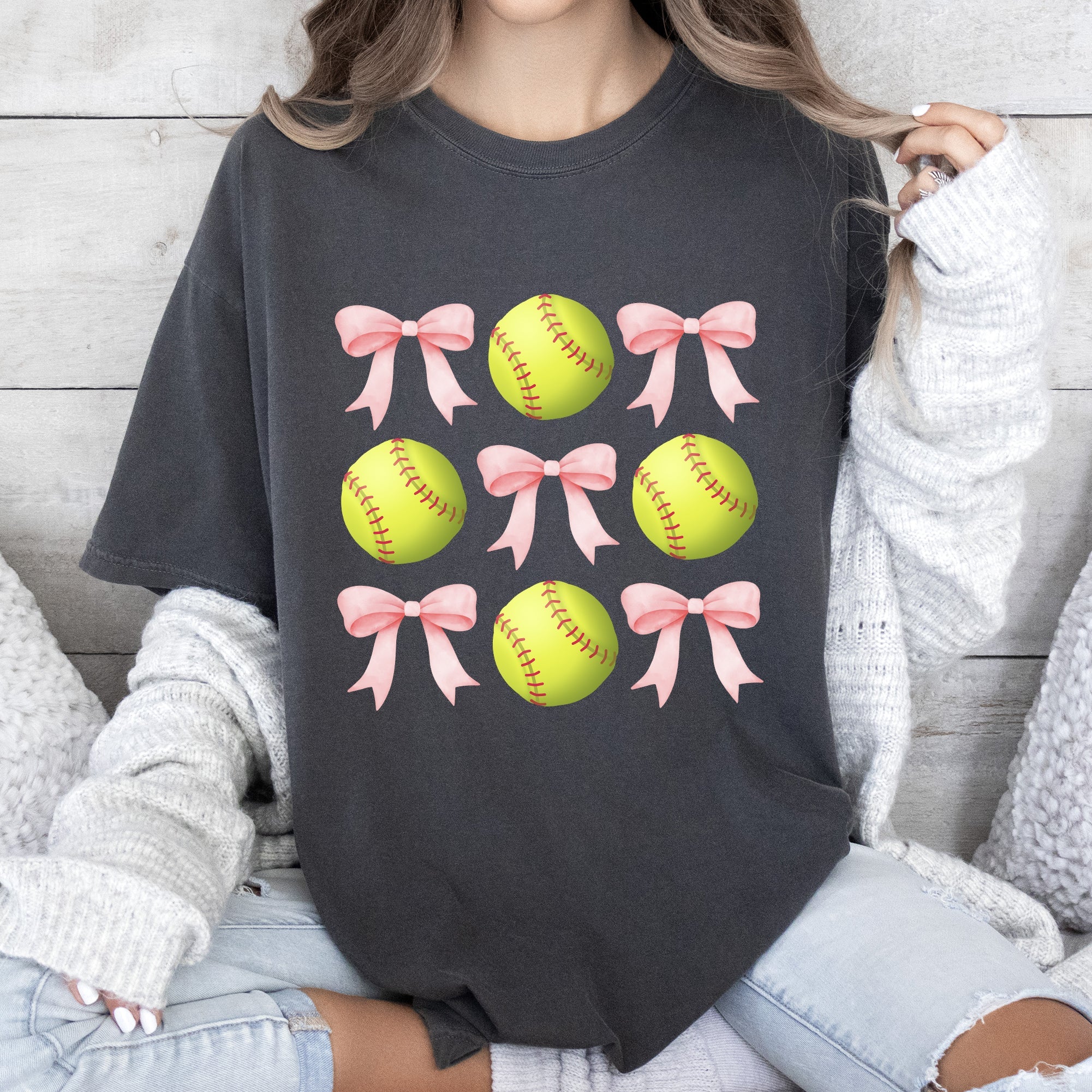 Softball Pink Bows Sports Coquette Mother's Day Vintage Graphic Comfort Colors Tee
