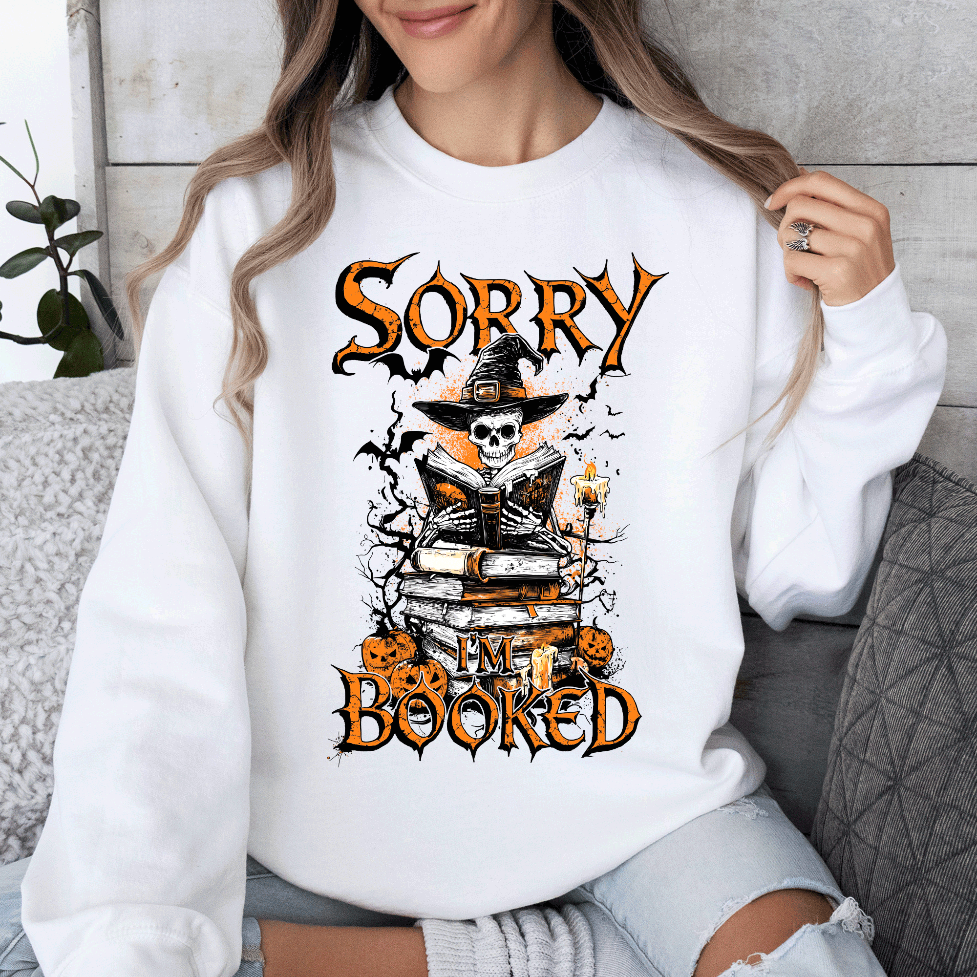 Sorry I'm Booked, Skeleton, Halloween, Library, Reading, Spooky Book Club Vibe Sweatshirt