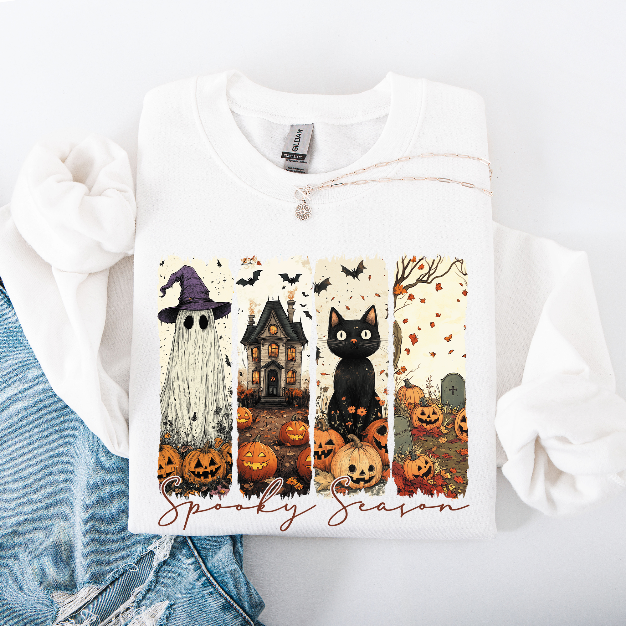 Spooky Season Striped Halloween Cat Ghost Pumpkins Autumn Cozy Classic Sweatshirt