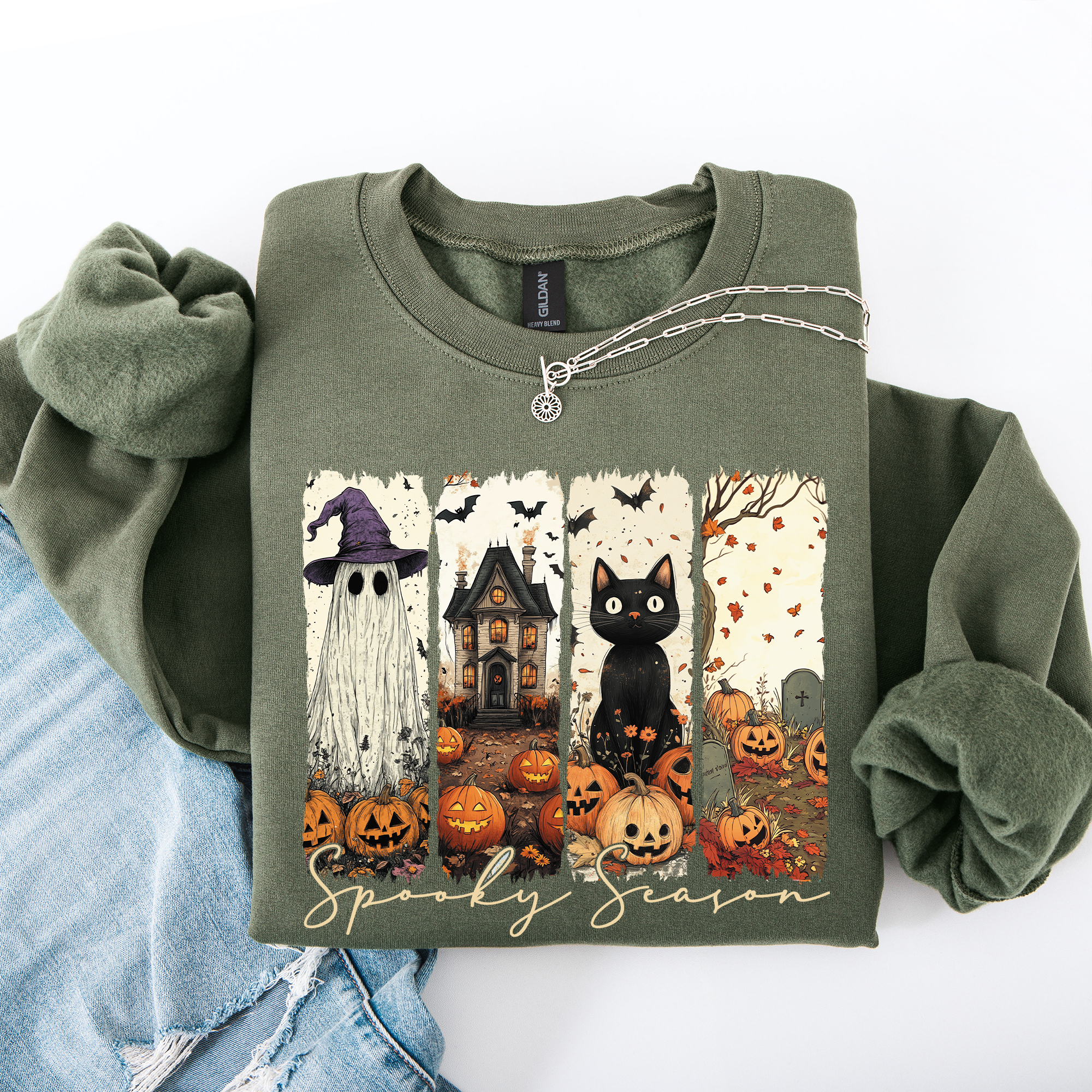 Spooky Season Striped Halloween Cat Ghost Pumpkins Autumn Cozy Classic Sweatshirt