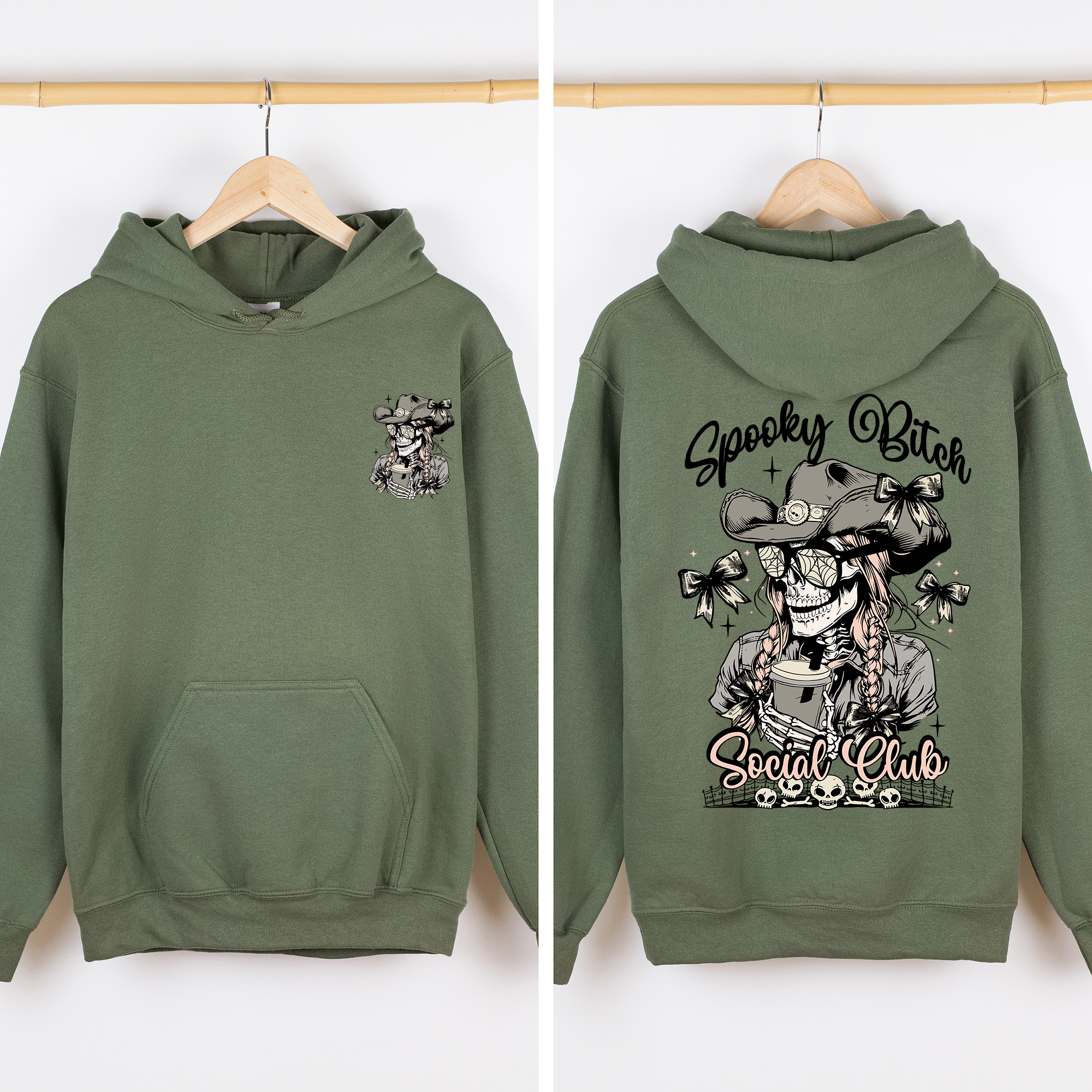 Spooky Bitch Social Club Skeleton Coquette Halloween Retro Goth Vintage Noir Graphic Hoodie