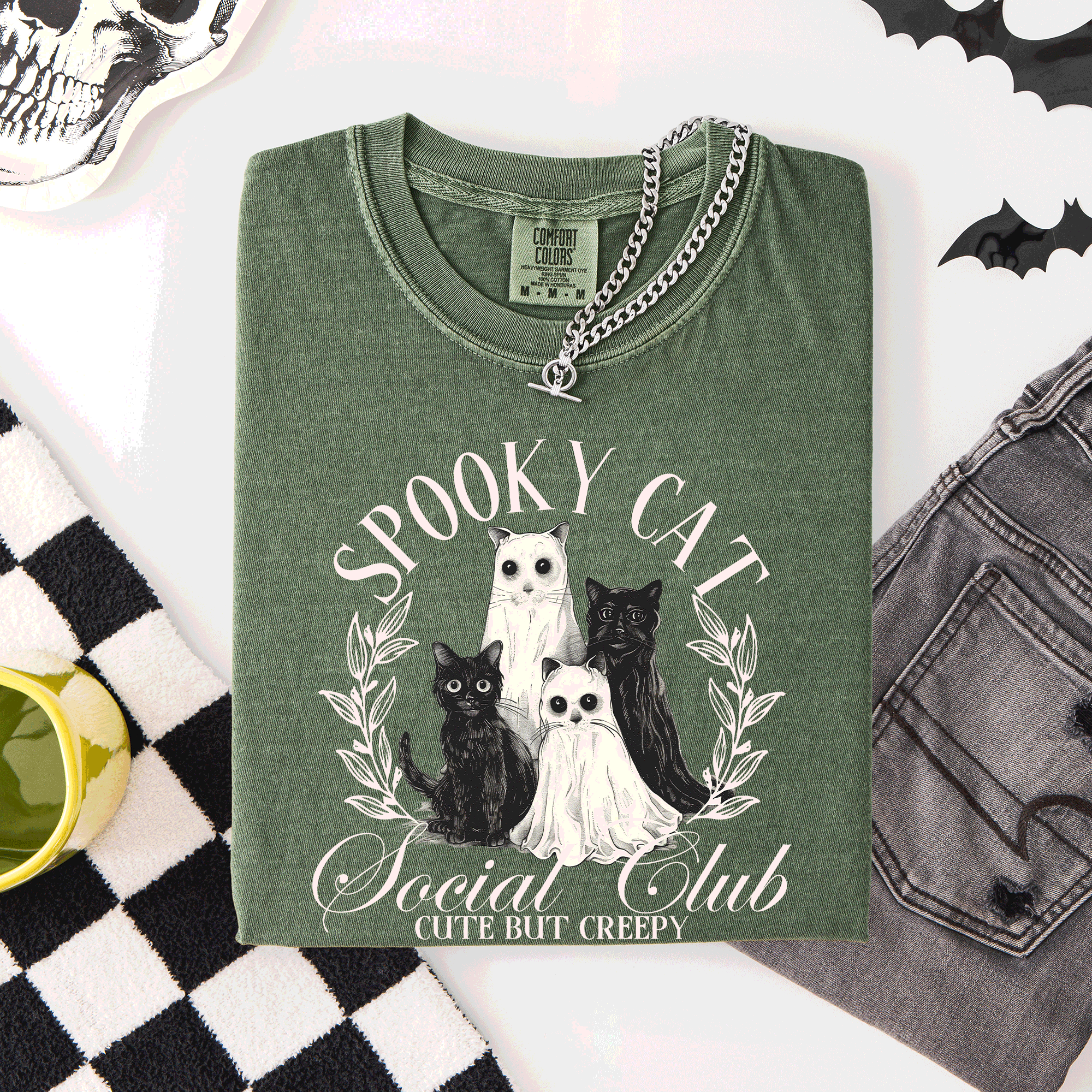 Spooky Cat Social Club Halloween Ghosts Witch Limited Edition Comfort Colors Tee