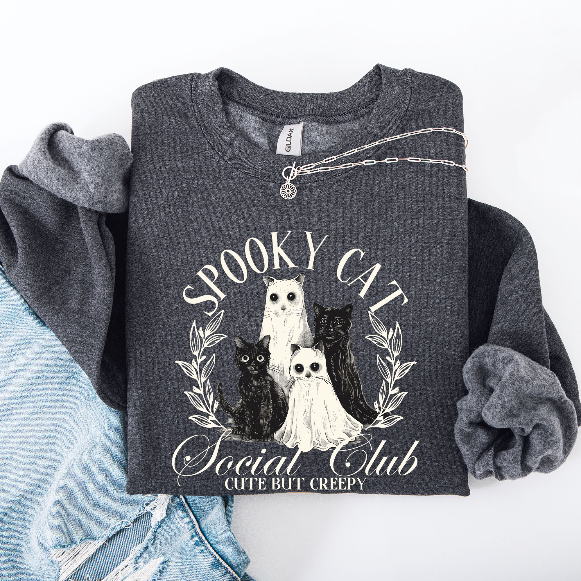 Spooky Cat Social Club Halloween Ghosts Witch Cozy Fleece Printed Graphic Premium Comfort Edition Sweatshirt