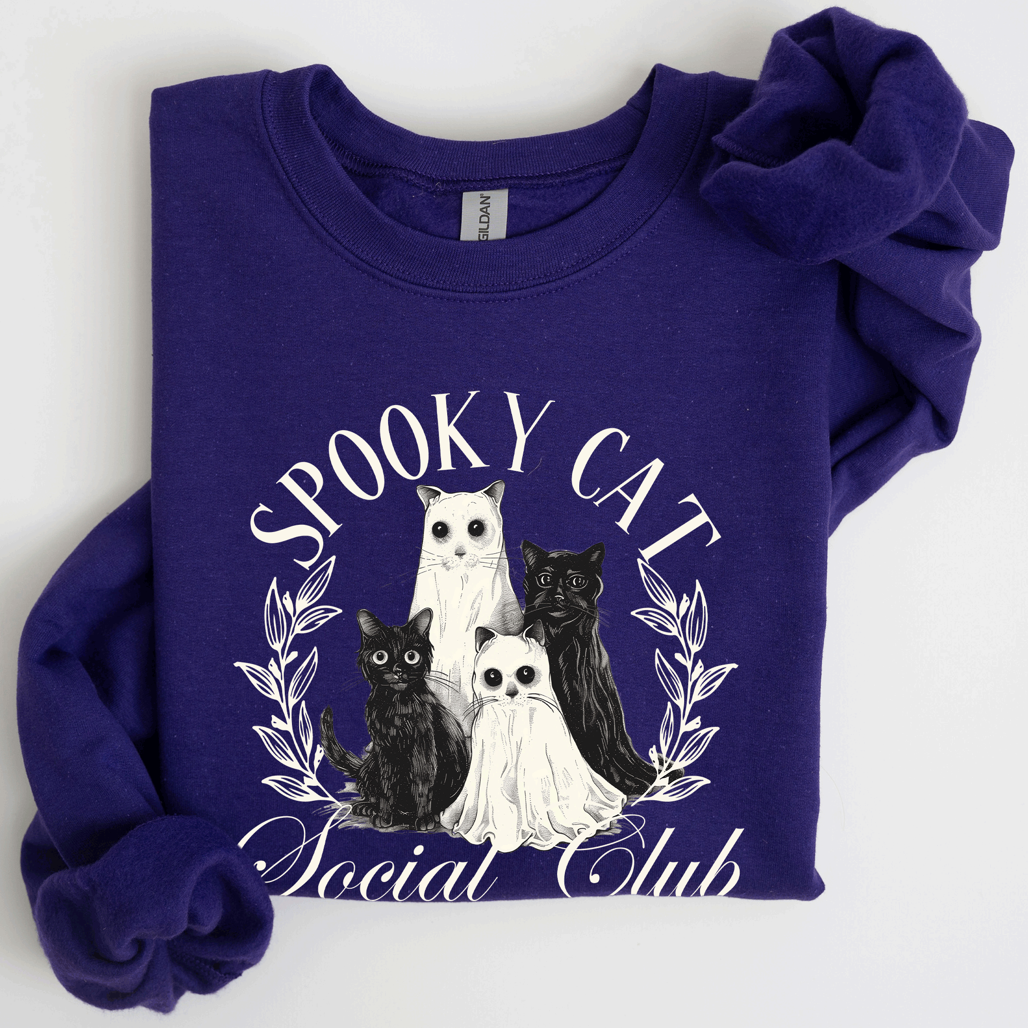 Spooky Cat Social Club Halloween Ghosts Witch Cozy Fleece Printed Graphic Premium Comfort Edition Sweatshirt