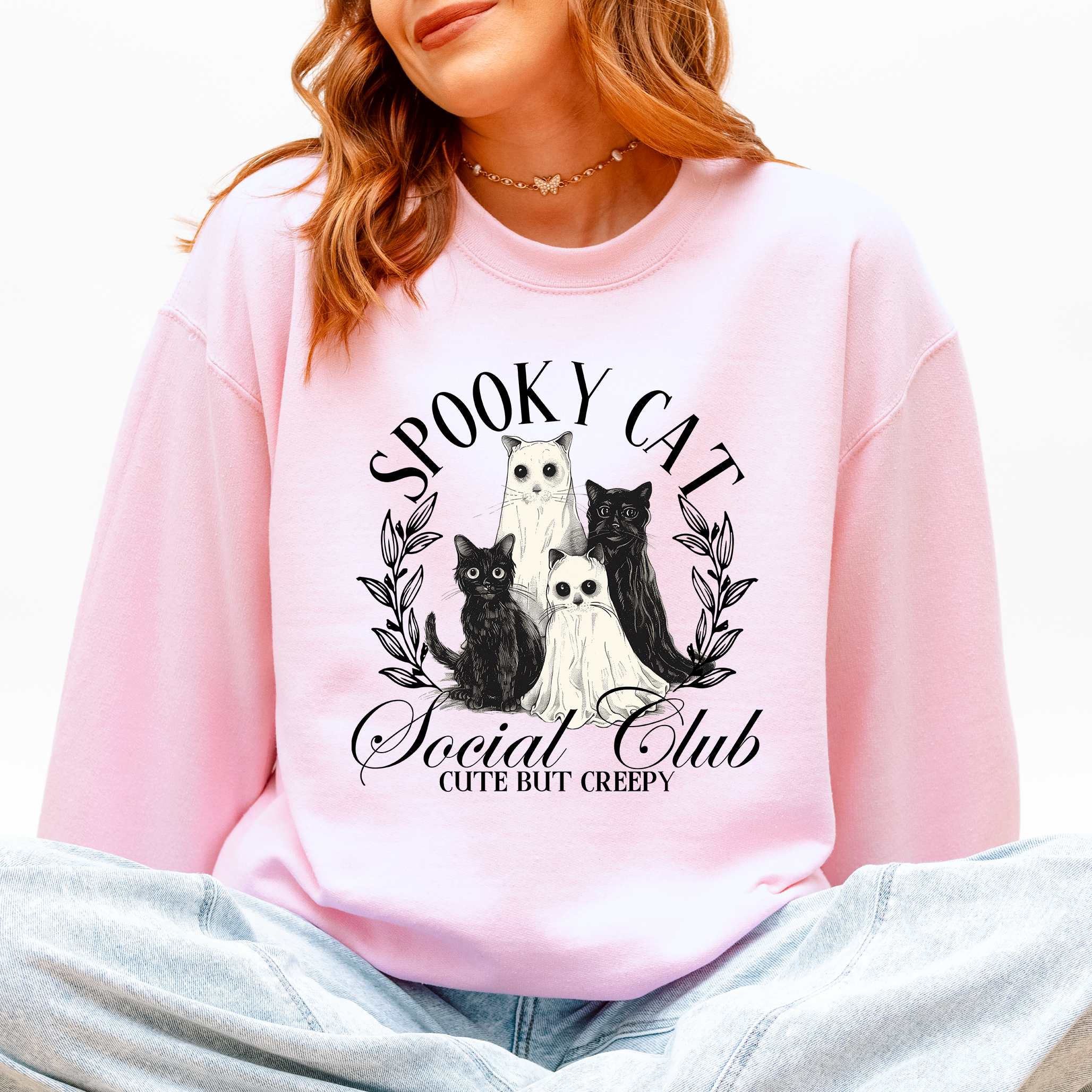 Spooky Cat Social Club Halloween Ghosts Witch Cozy Fleece Printed Graphic Premium Comfort Edition Sweatshirt