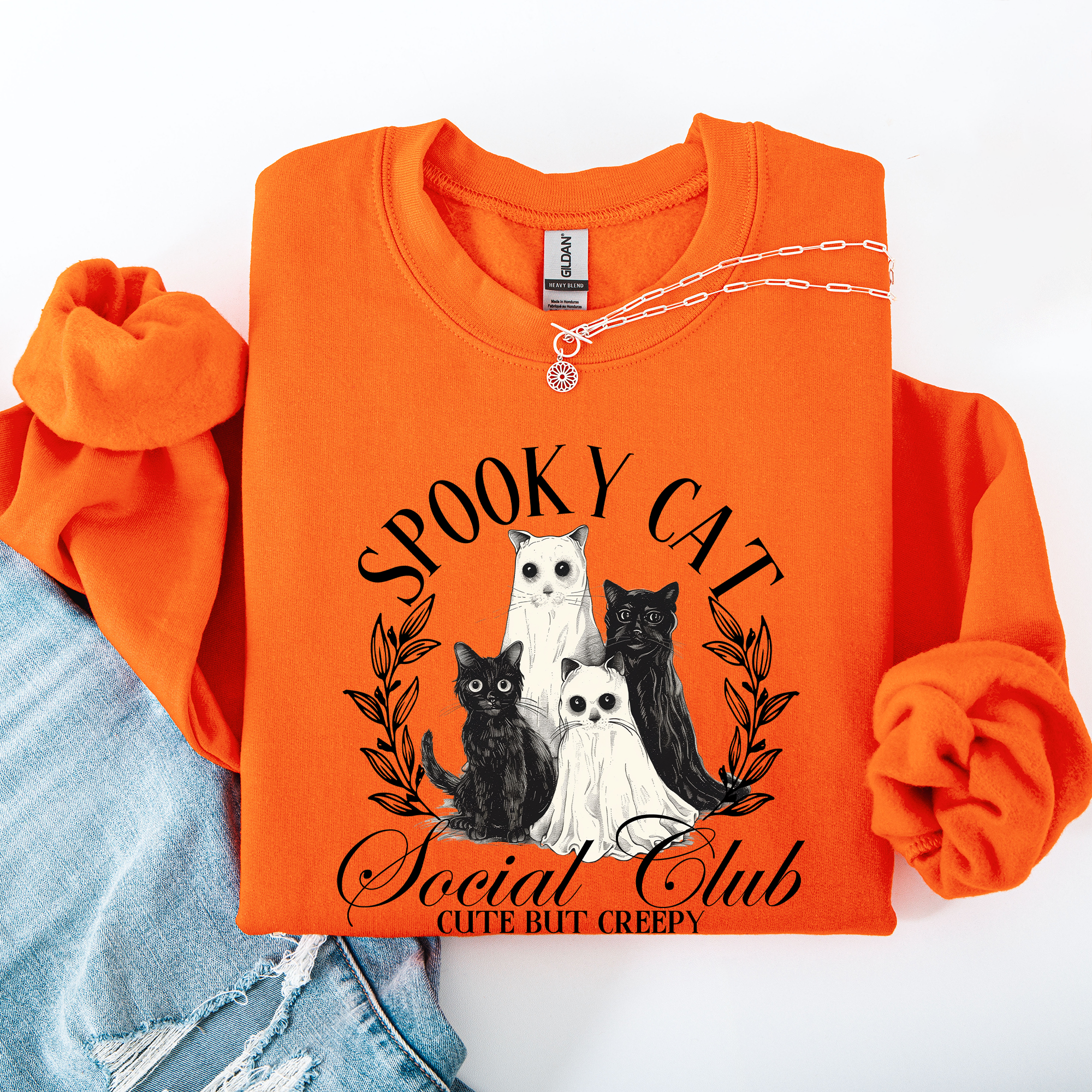 Spooky Cat Social Club Halloween Ghosts Witch Cozy Fleece Printed Graphic Premium Comfort Edition Sweatshirt