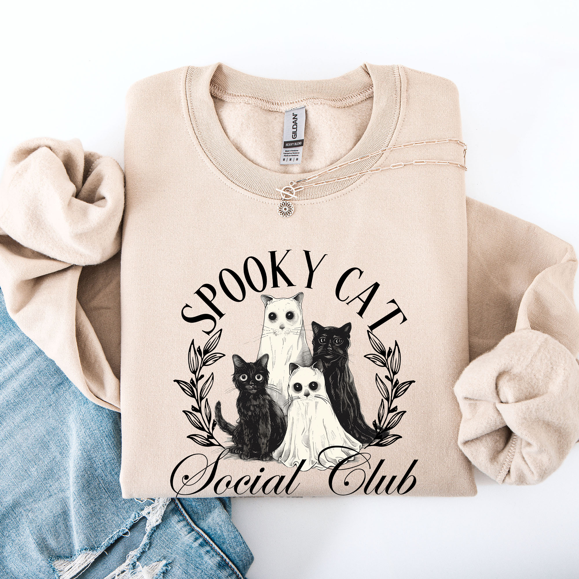 Spooky Cat Social Club Halloween Ghosts Witch Cozy Fleece Printed Graphic Premium Comfort Edition Sweatshirt
