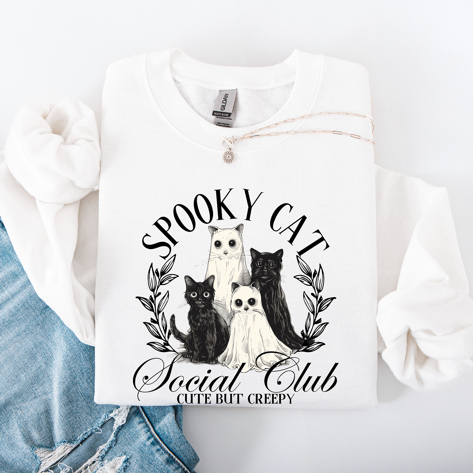 Spooky Cat Social Club Halloween Ghosts Witch Cozy Fleece Printed Graphic Premium Comfort Edition Sweatshirt