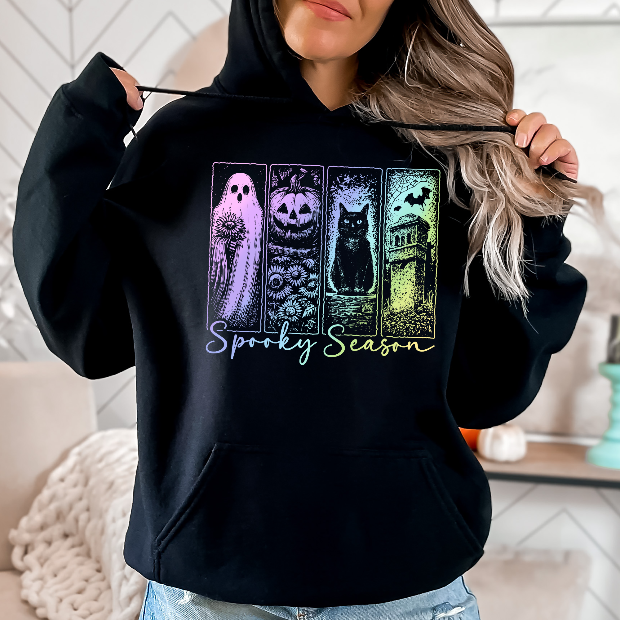 Spooky Season Pastel Vintage Halloween Horror Night Denim-Inspired Patchwork Ghost Graphic Hoodie