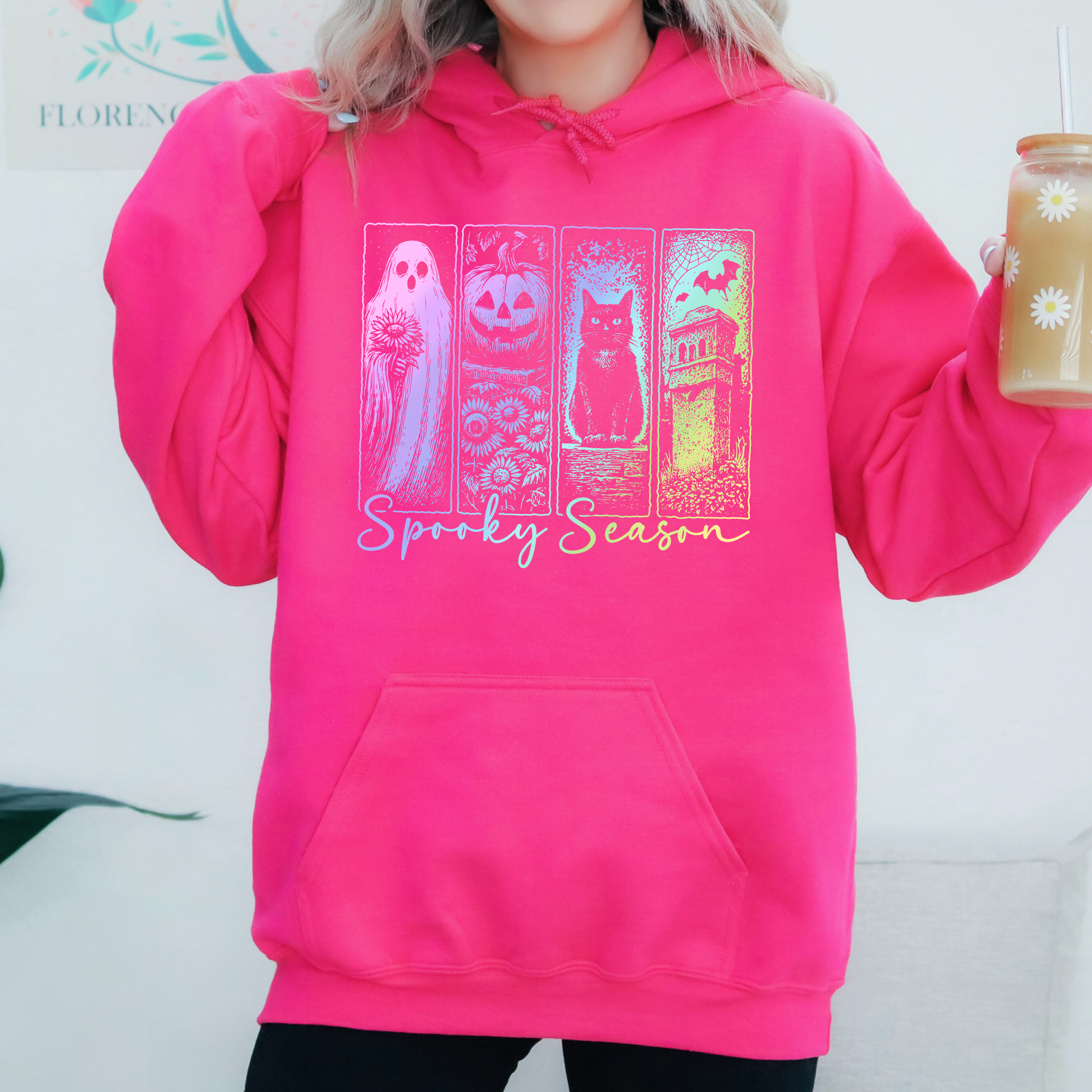 Spooky Season Pastel Vintage Halloween Horror Night Denim-Inspired Patchwork Ghost Graphic Hoodie