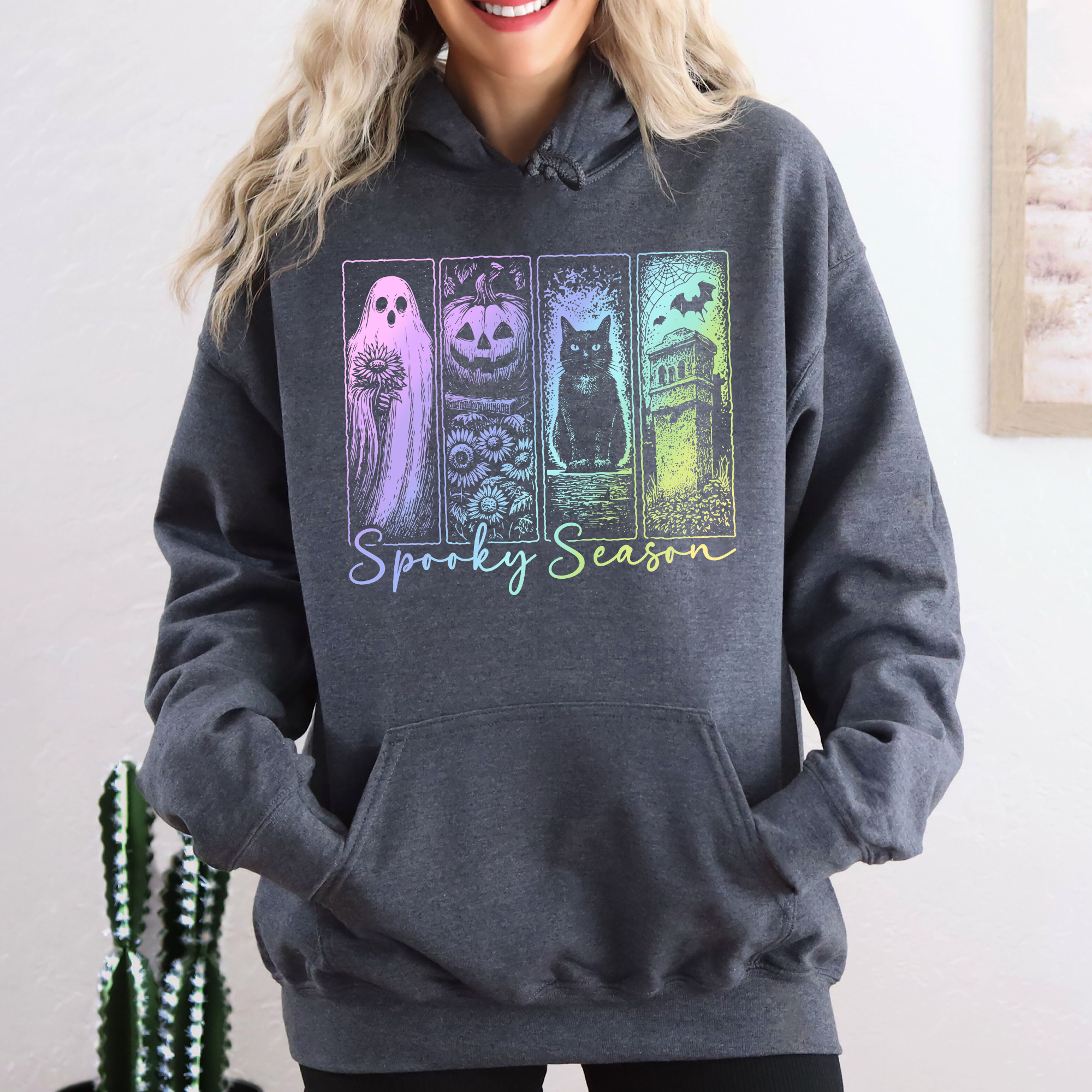 Spooky Season Pastel Vintage Halloween Horror Night Denim-Inspired Patchwork Ghost Graphic Hoodie