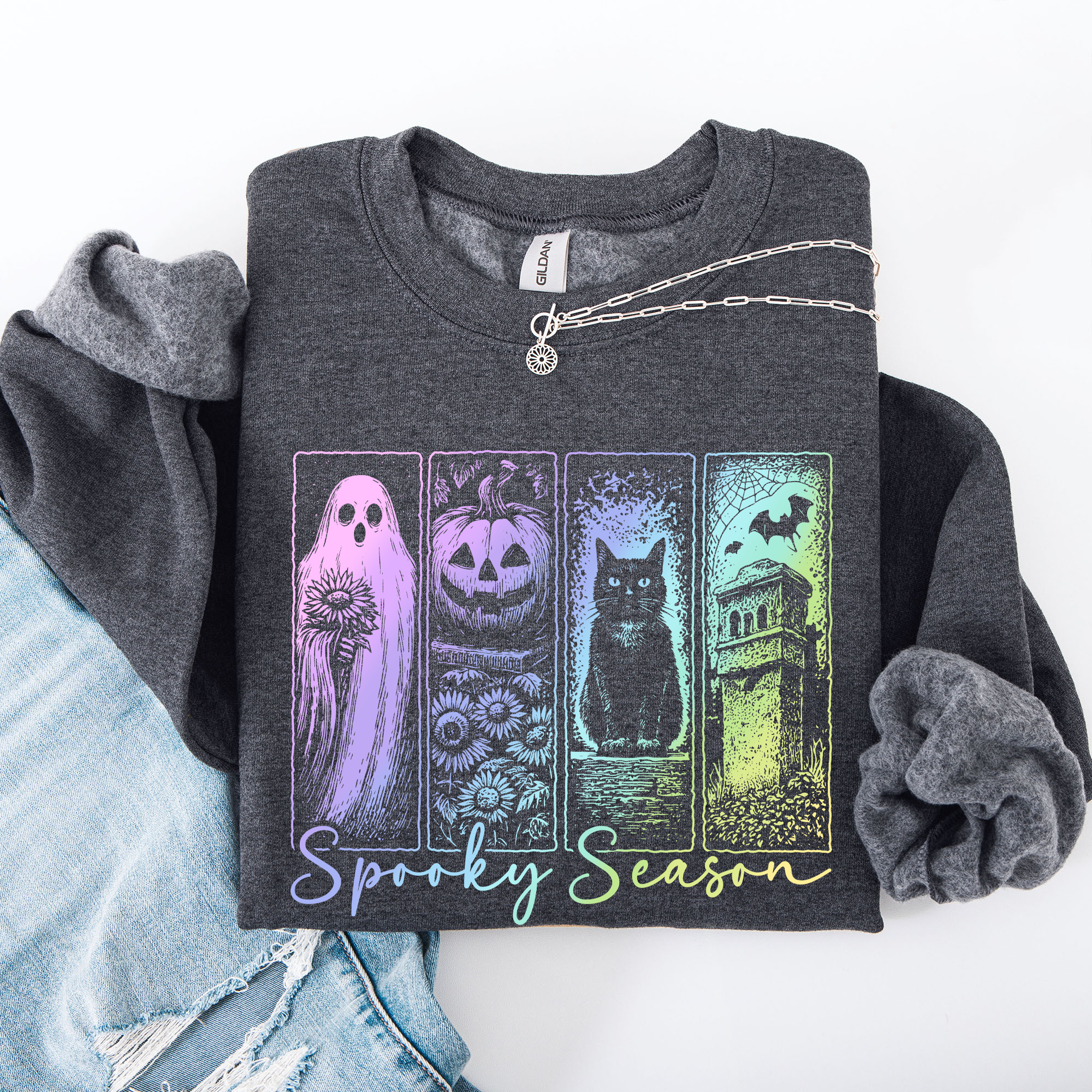 Spooky Season Graphic Sweatshirt With Retro Halloween Pastel Ghost Design And Faux Denim Accent