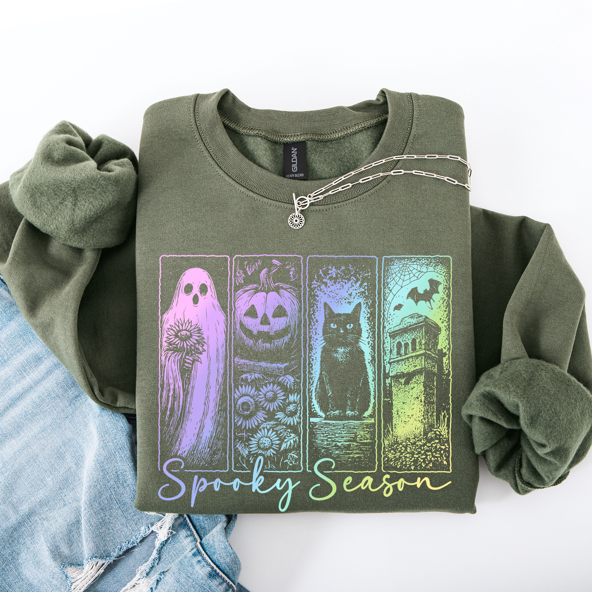 Spooky Season Graphic Sweatshirt With Retro Halloween Pastel Ghost Design And Faux Denim Accent