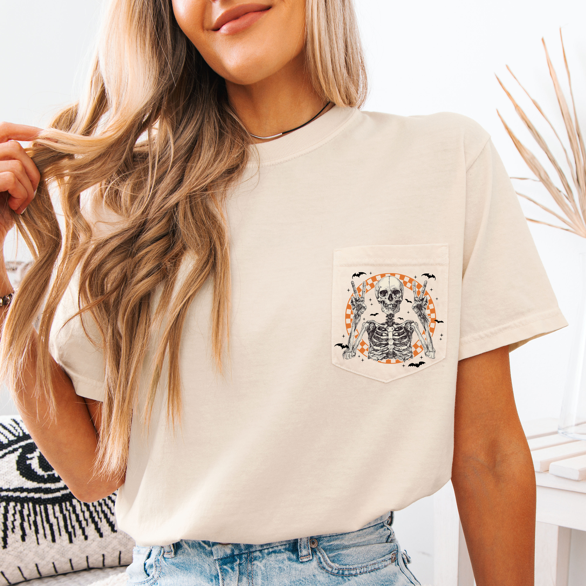 Skeleton Peace Checkered Halloween Pocket Juggling Jack-O'-Lanterns Comfort Colors Tee