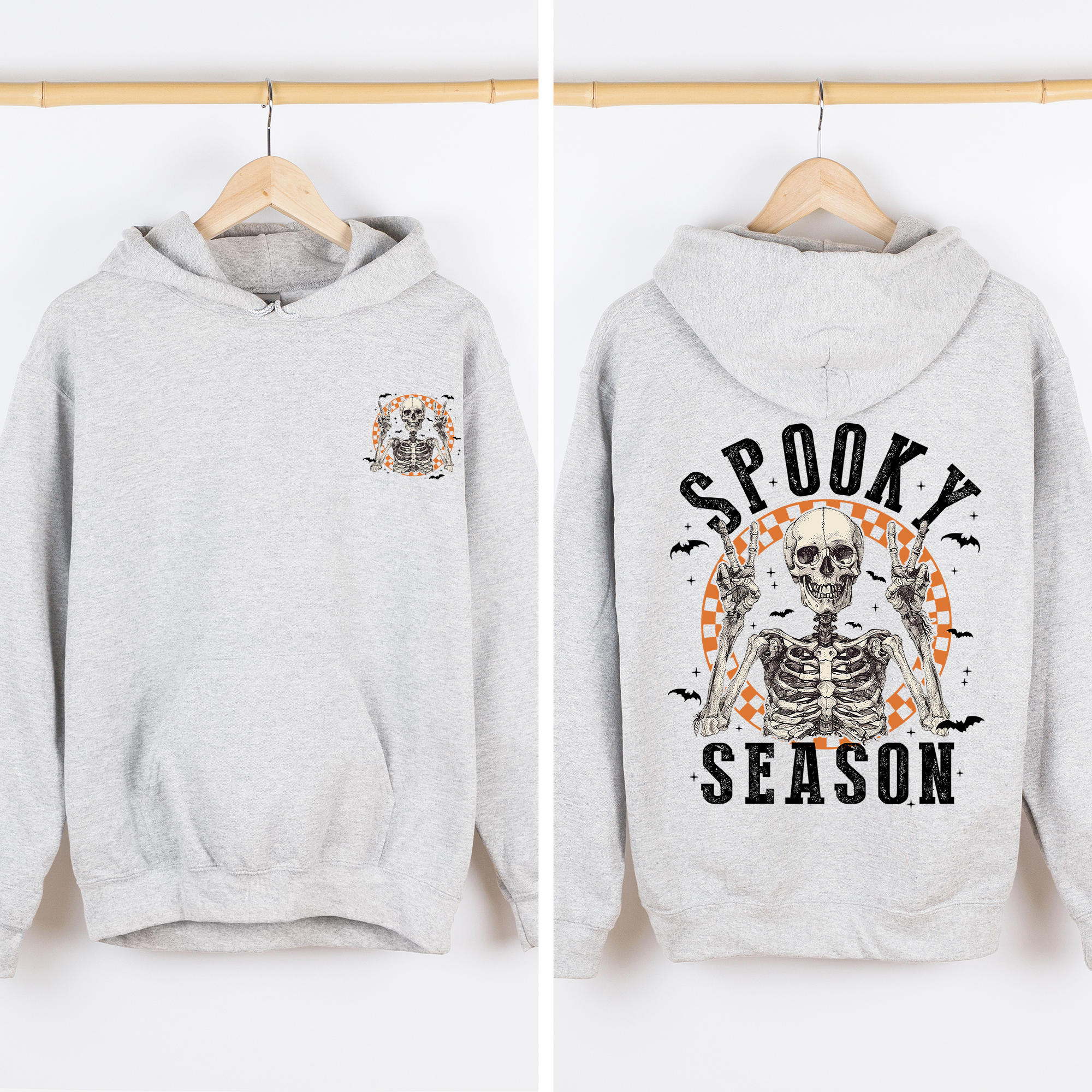 Spooky Season Front And Back Skeleton With Ghosts And Witch Motifs Halloween Themed Hoodie