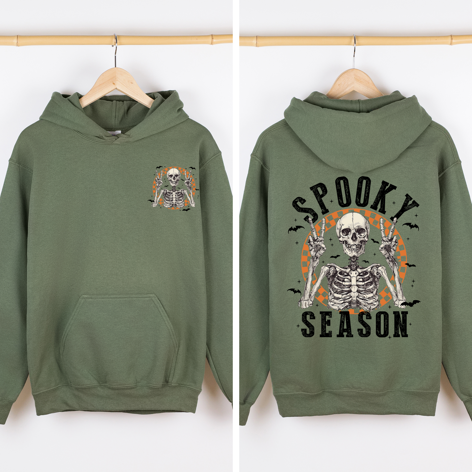 Spooky Season Front And Back Skeleton With Ghosts And Witch Motifs Halloween Themed Hoodie